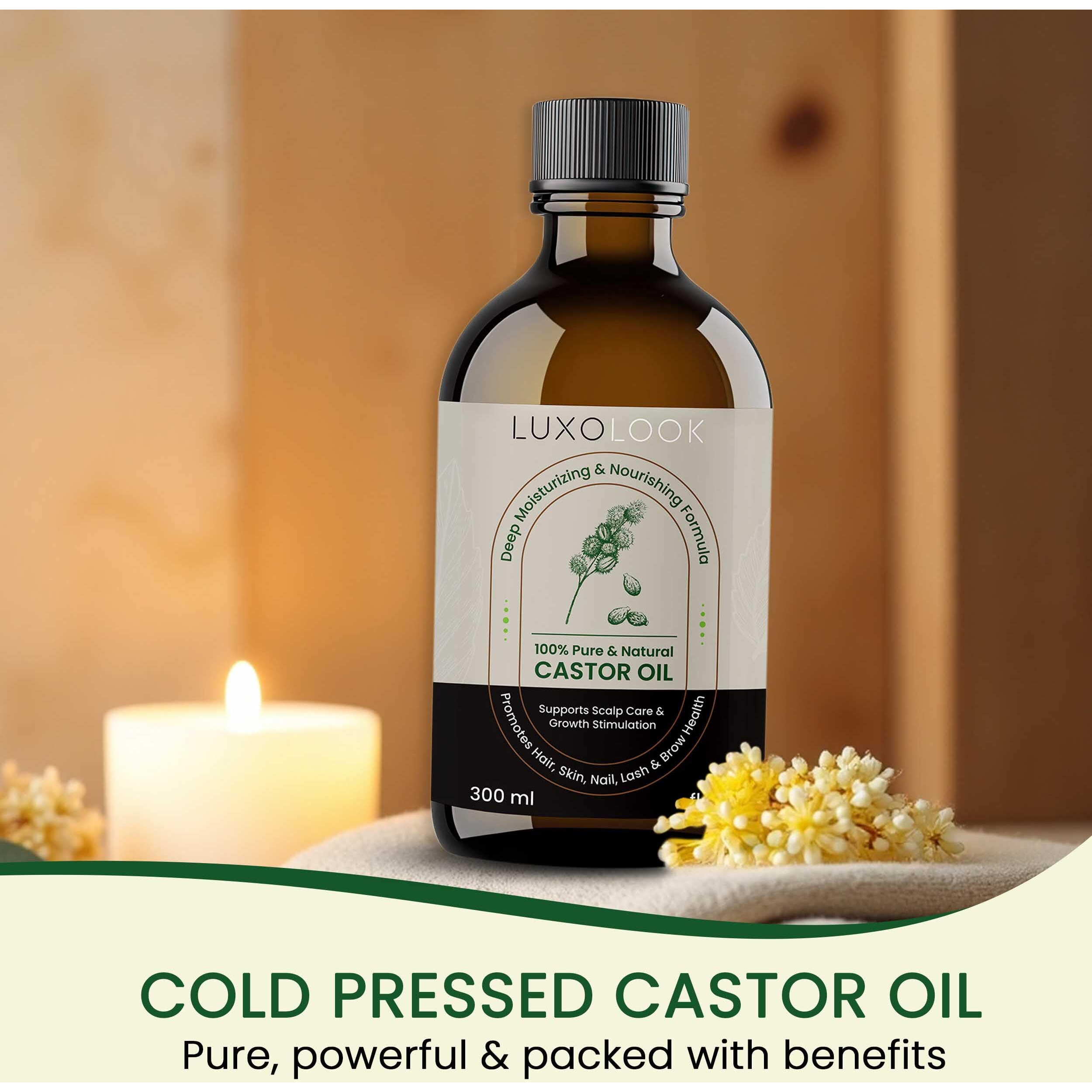 Pure Castor Oil - Cold Pressed 100% Castor Oil For Hair Growth, Skin, Eyebrows, Eye Lashes, Nails & Cuticles - Hexane Free, Natural & Unrefined - Includes Dual Mascara, Dropper & Scalp Massager