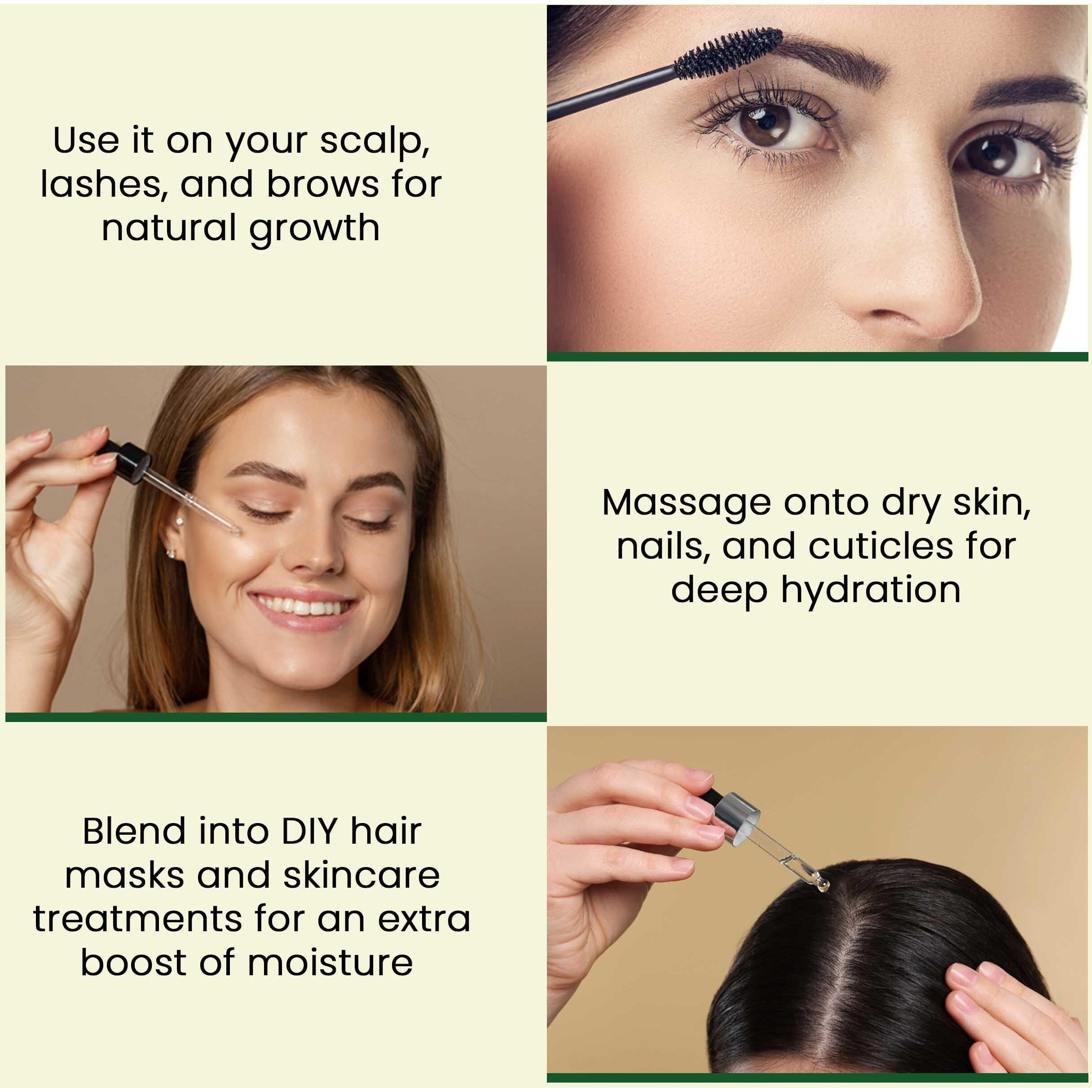 Pure Castor Oil - Cold Pressed 100% Castor Oil For Hair Growth, Skin, Eyebrows, Eye Lashes, Nails & Cuticles - Hexane Free, Natural & Unrefined - Includes Dual Mascara, Dropper & Scalp Massager