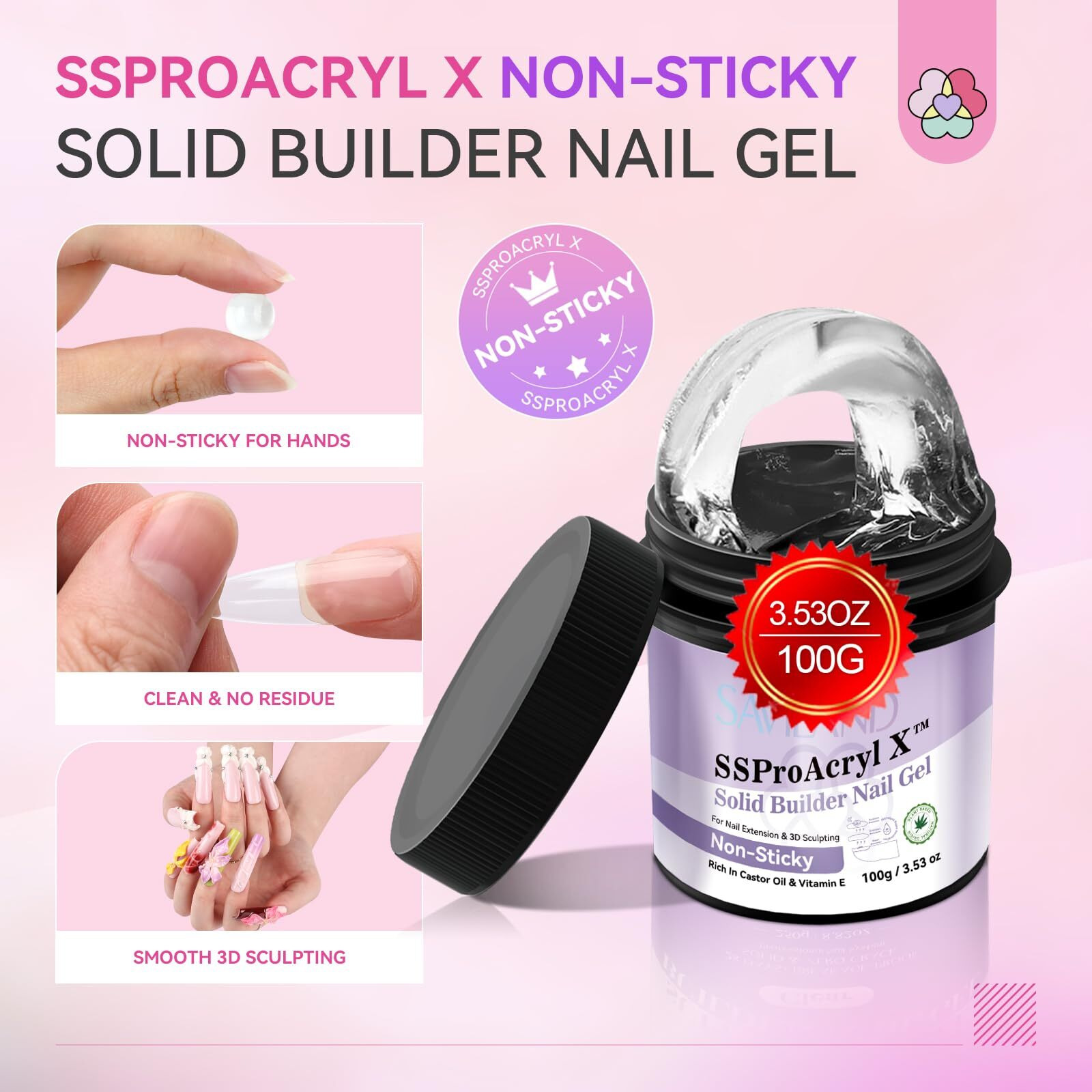 Saviland Solid Builder Nail Gel For Nails Non-Sticky Sculpting Gel For Nails Art 100 G 3D Nail Gel Ve Castor Oil Hard Gel For Nails Extension 3D Nail Art Diy Carving Patterns Decoration Ssproacryl X