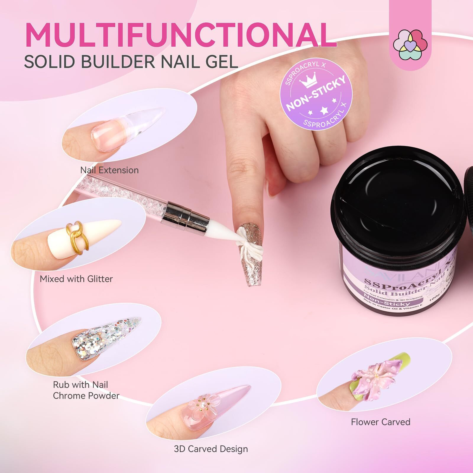 Saviland Solid Builder Nail Gel For Nails Non-Sticky Sculpting Gel For Nails Art 100 G 3D Nail Gel Ve Castor Oil Hard Gel For Nails Extension 3D Nail Art Diy Carving Patterns Decoration Ssproacryl X