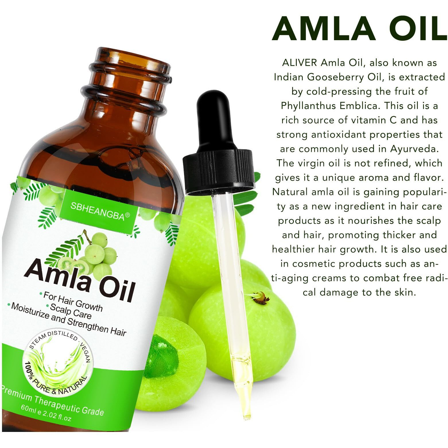 Sbheangba Cold Pressed Amla Oil 100% Pure Natural Organic For Hair Growth, Moisturize Healthy And Strengthen Hair, Nourishes Scalp Hair Treatment Oils 2.02 Fl Oz