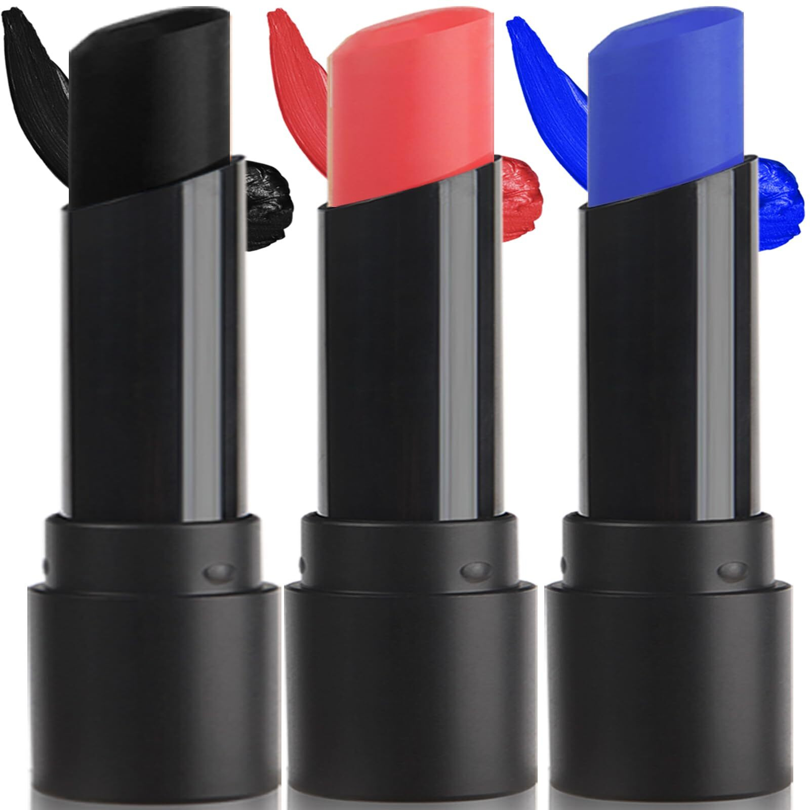 Meicoly 3Pcs Royal Blue Black Red Face Body Paint Stick,Face Paint For Halloween Sfx Devil Cosplay Makeup,Body Paint For Adults Kids,Waterproof Eye Black For Baseball/Football/Softball,Blue+Black+Red