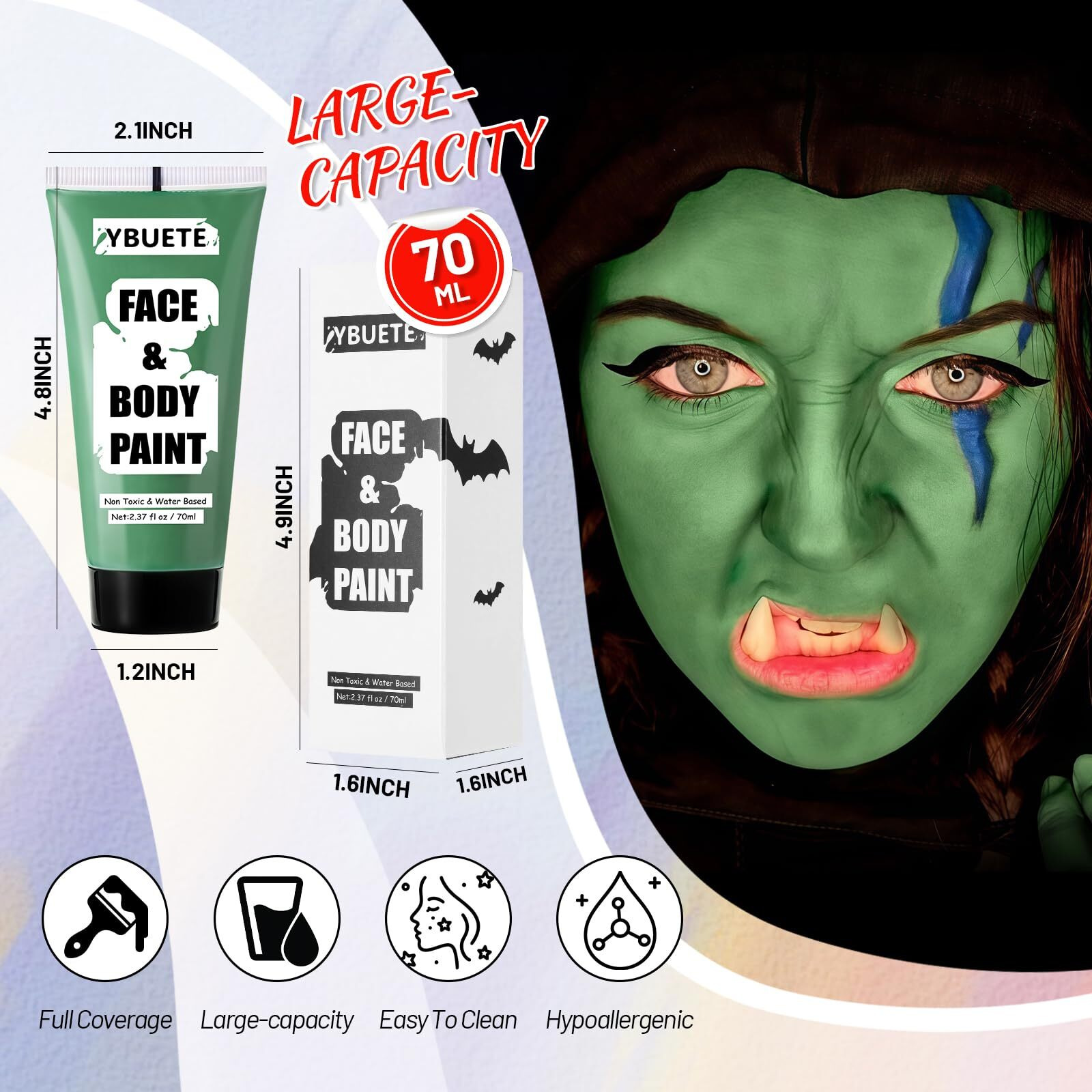 Ybuete Green Water Based Face Body Paint For St. Patricks Day, 2.37 Oz Large Tube Full Coverage Face Paint For Cosplay Gamora Hulk Witch, Washable Green Body Painting Cream Adult Halloween Sfx Makeup