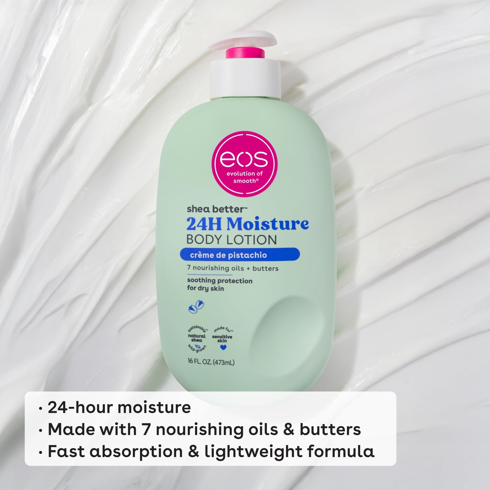 Eos Shea Better Body Lotion- Crme De Pistachio, 24-Hour Moisture Skin Care, Lightweight & Non-Greasy, Made With Natural Shea, Vegan, 16 Fl Oz