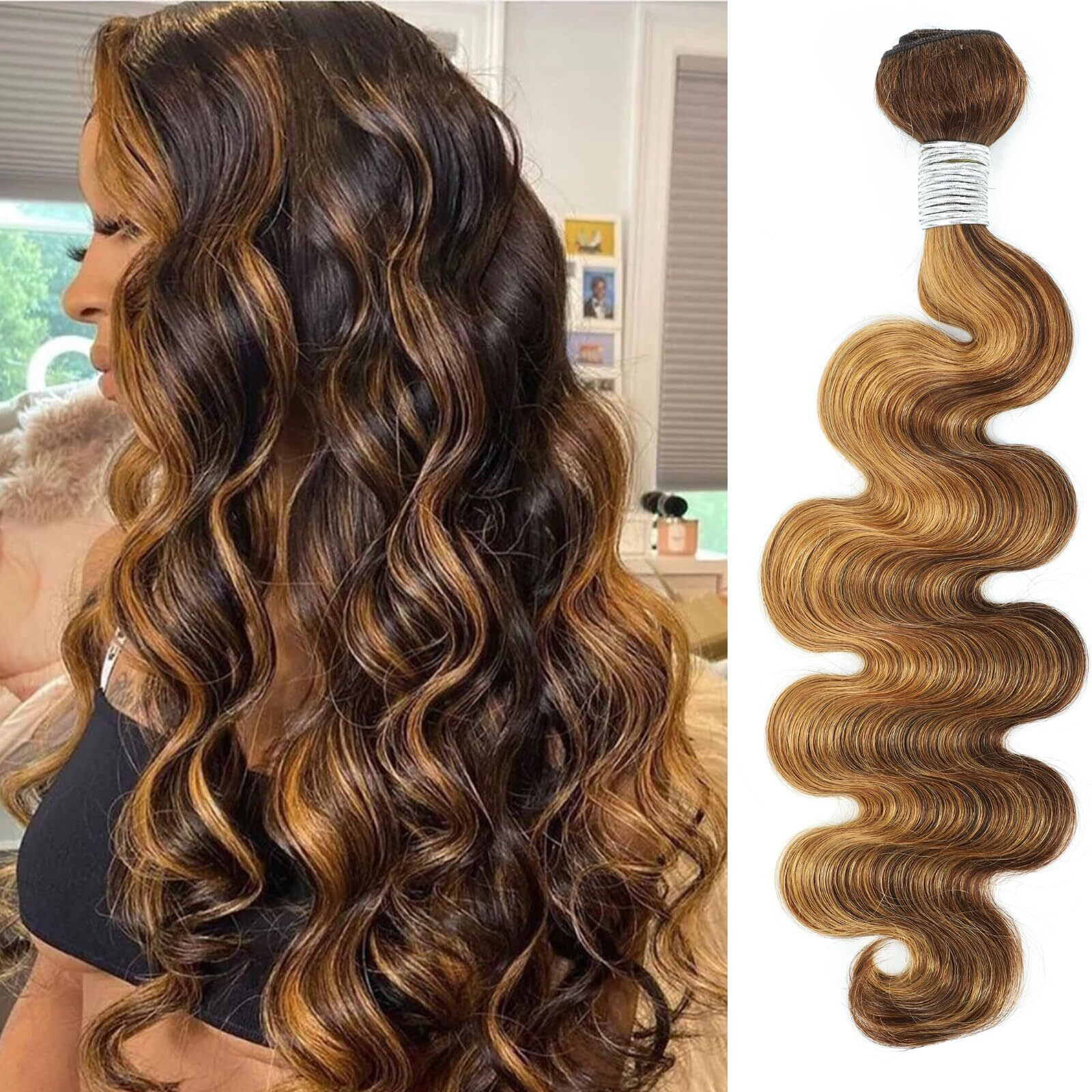 Alher 4/27 Honey Blonde Highlight Body Wave Ombre Human Hair Bundle 12 Inch Brown Colored Bundles 12A 100% Brazilian Virgin Remy Human Hair Soft Wavy Weave 4/27 Highlight Color