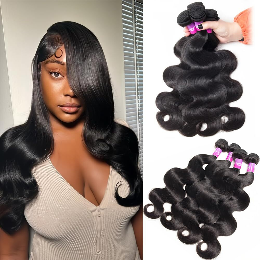 12A Human Hair Bundles 400G Body Wave Bundles Human Hair Extensions 18 20 22 22 Inch Brazilian Virgin Body Wave 4 Pieces Deals Unprocessed Brazilian Quick Weave Extensions Natural Black