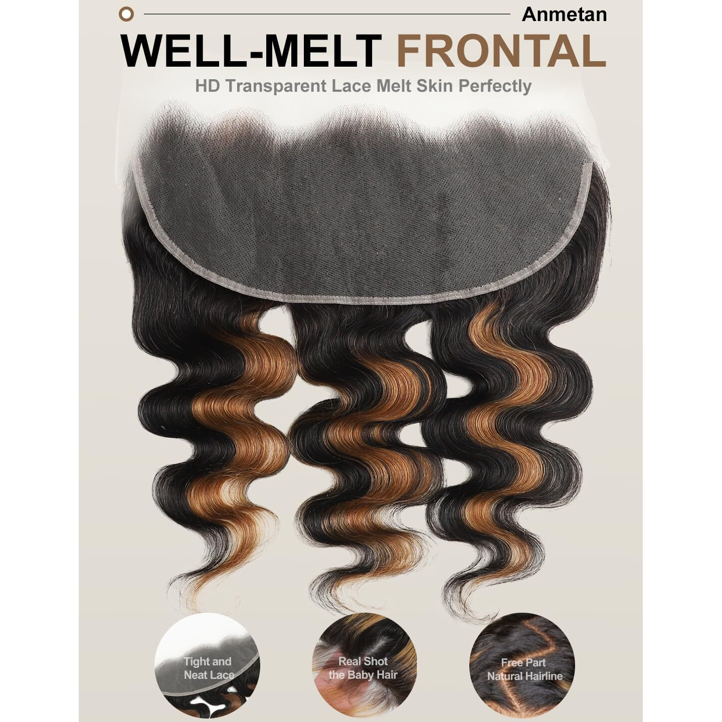Anmetan F1B/30 Ombre 13X6 Hd Frontal Only Human Hair Body Wave, Breathable Transparent Lace Ear To Ear Frontal Hd Lace 13X6 150% Density Free Part Honey Blonde Highlight 12A Remy Hair Closure 12 Inch