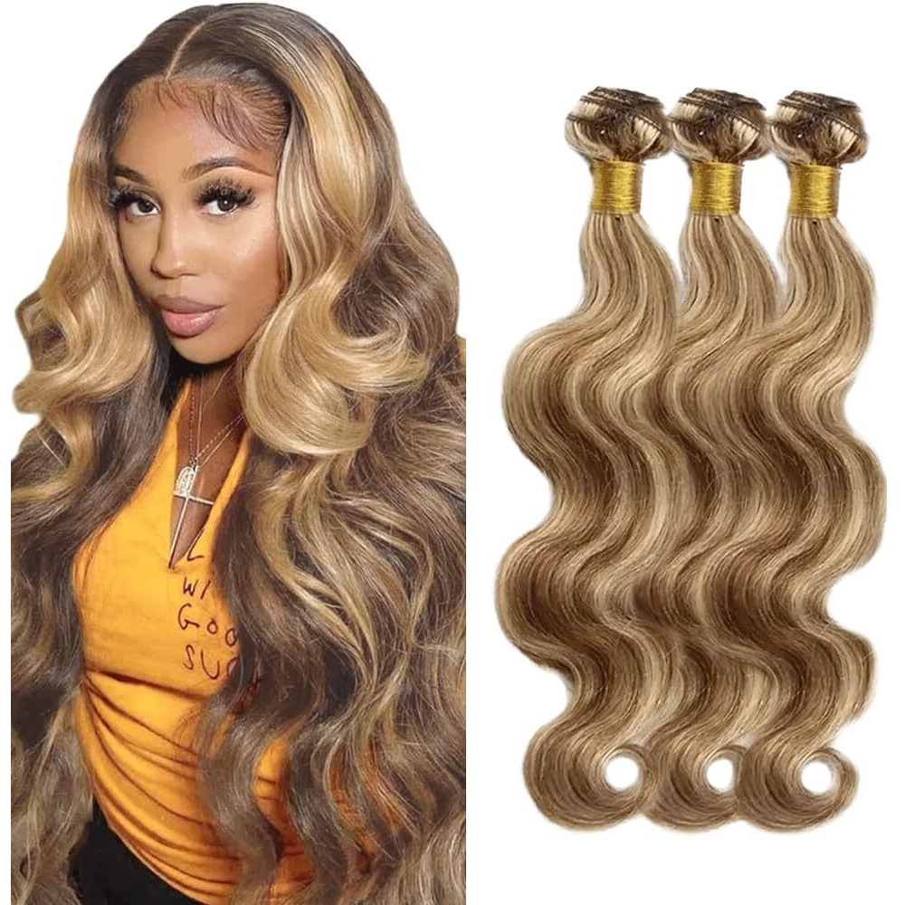22 24 26 Inch Ombre Bundle P4613 Body Wave Human Hair Bundles Two Tone Dark Brown And Blonde Bundles 613 Body Wave Bundle For Black Women Highlight Hair Weave
