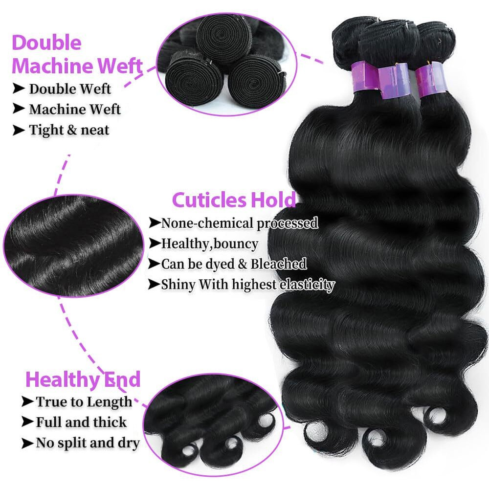 12A Body Wave Bundles Human Hair 26 28 30 Inch Human Hair Bundles 100% Unprocessed Virgin Hair 3 Bundles Human Hair Extensions For Women Natural Black