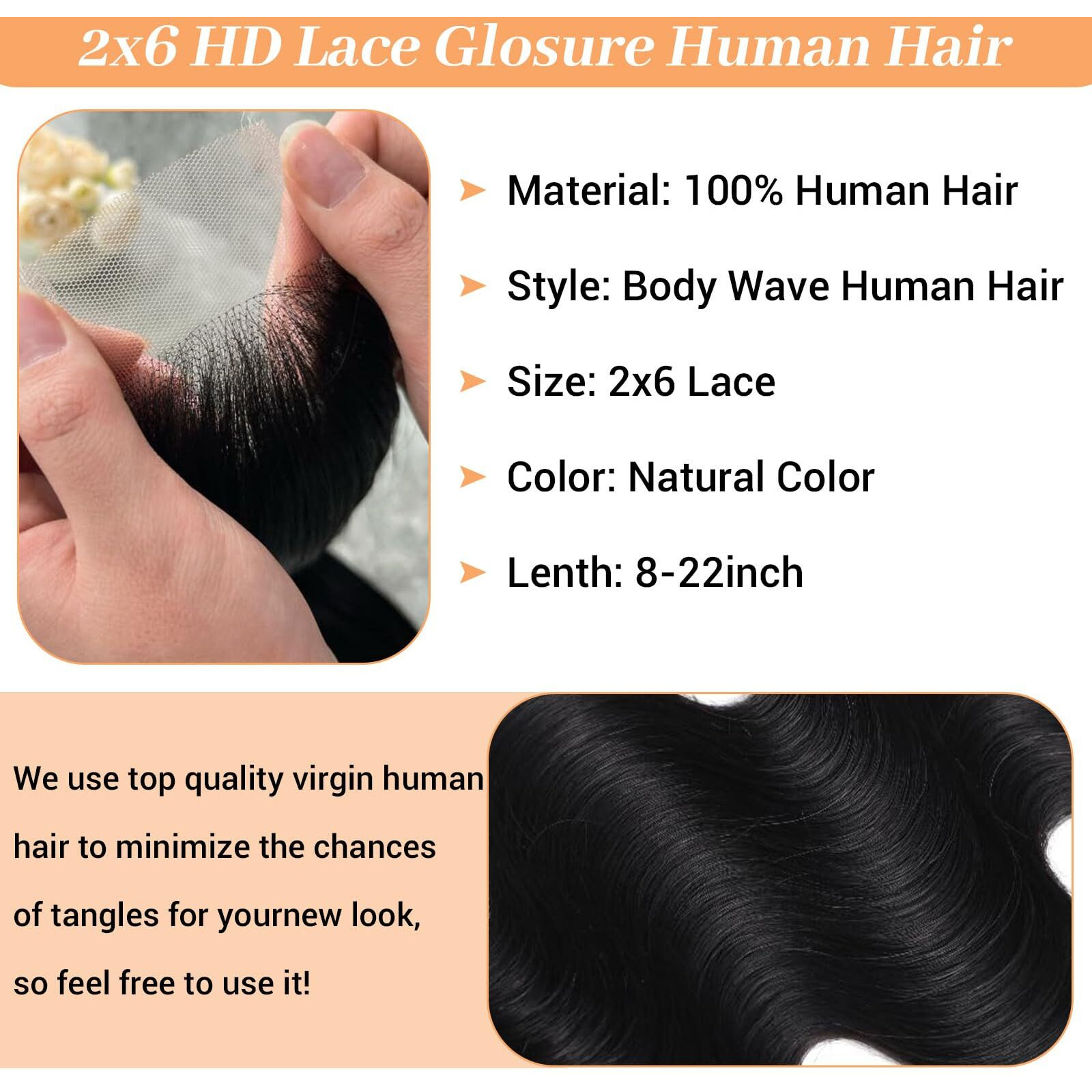 2X6 Hd Lace Closure Body Wave Transparent 2 By 6 Hd Lace Closure 22 Inch 100% Brazilian Virgin Unprocessed Middle Part Human Hair Closure