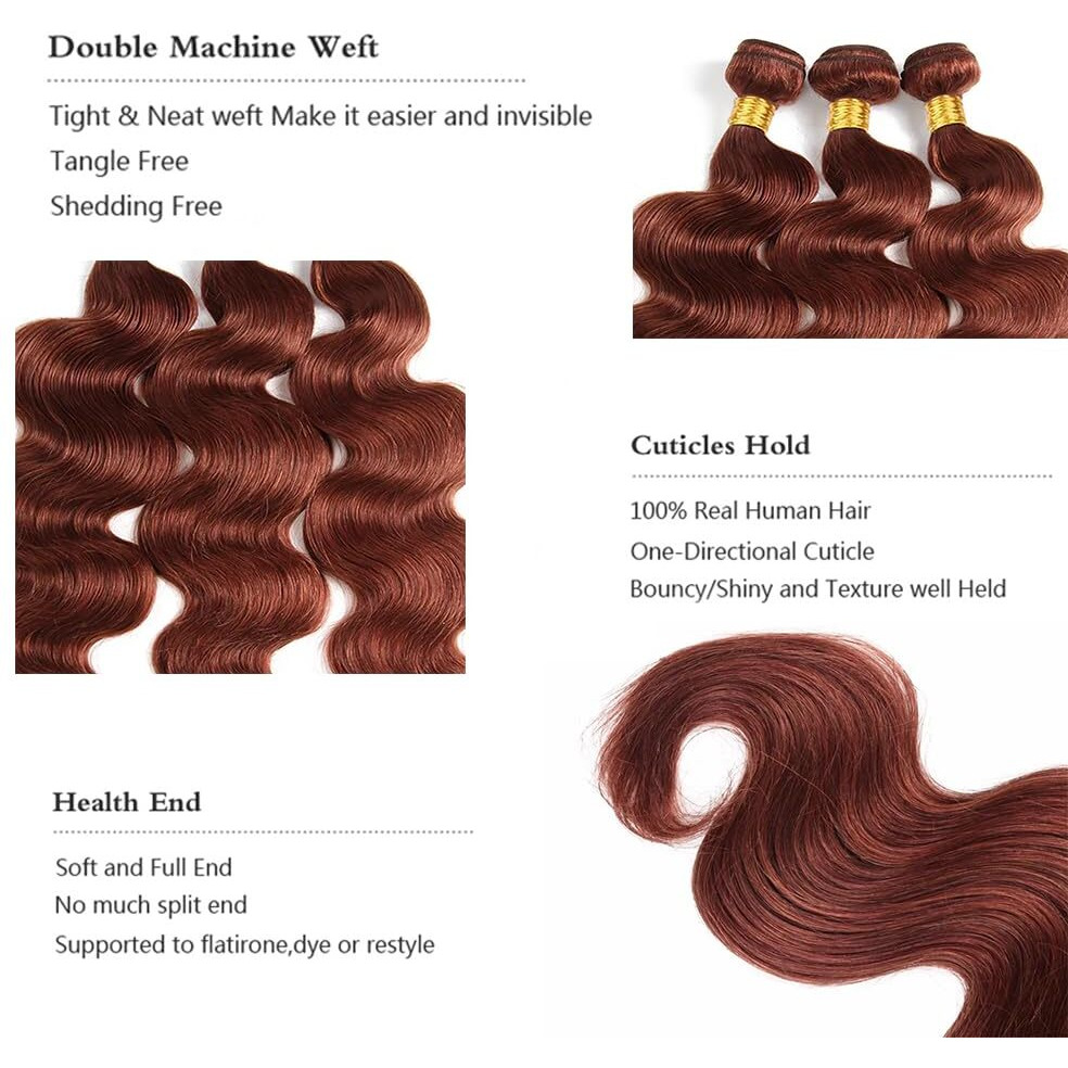 Color 33 Bundles Copper Body Wave Human Hair Bundle Reddish Brown Hair Extensions Color 33 Auburn Brown 3 Bundles 14 16 18 Inch Copper Body Wave Bundle 300G