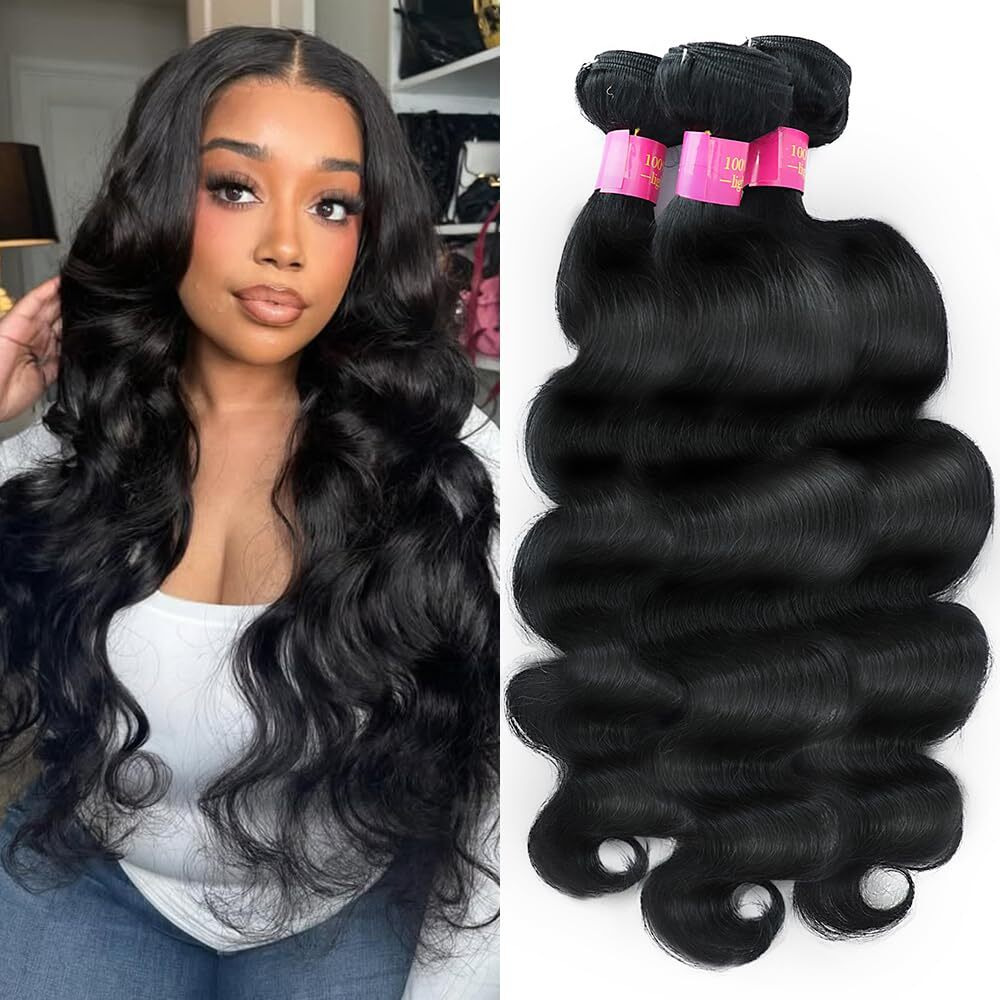 12A Human Hair Bundles 20 22 24 Inch Body Wave Bundles Human Hair 100% Unprocessed Brazilian Virgin Weave 3 Bundle Natural Black Wet And Wavy Human Hair Extensions 1B Color For Women