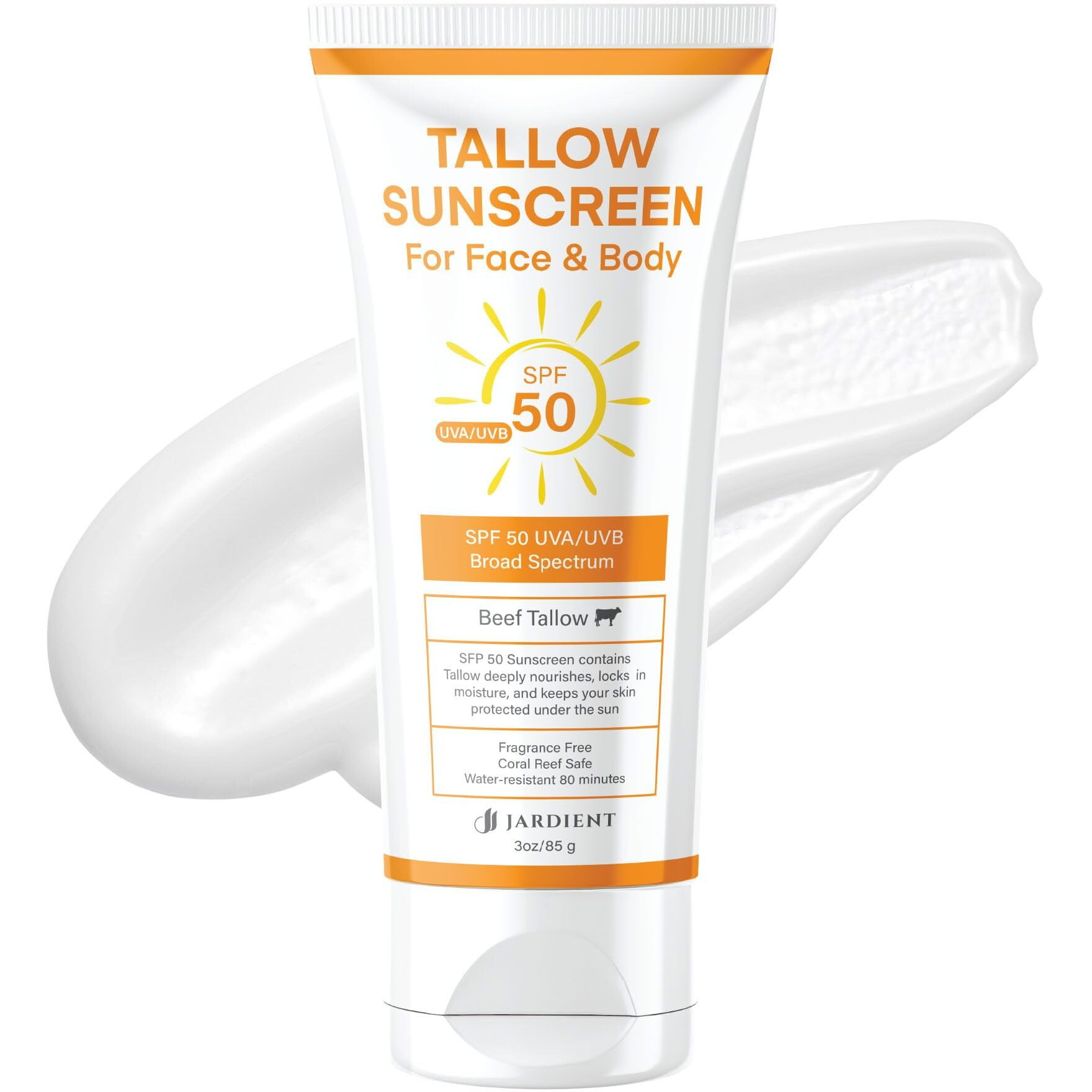 Beef Tallow Sunscreen With Mineral Spf 50 3Oz  Instant Sun Protection Non Nano Zinc Oxide Sunblock- Non Greasy Formula- Beach Jogging Outdoor Sports - 3Oz, 85G