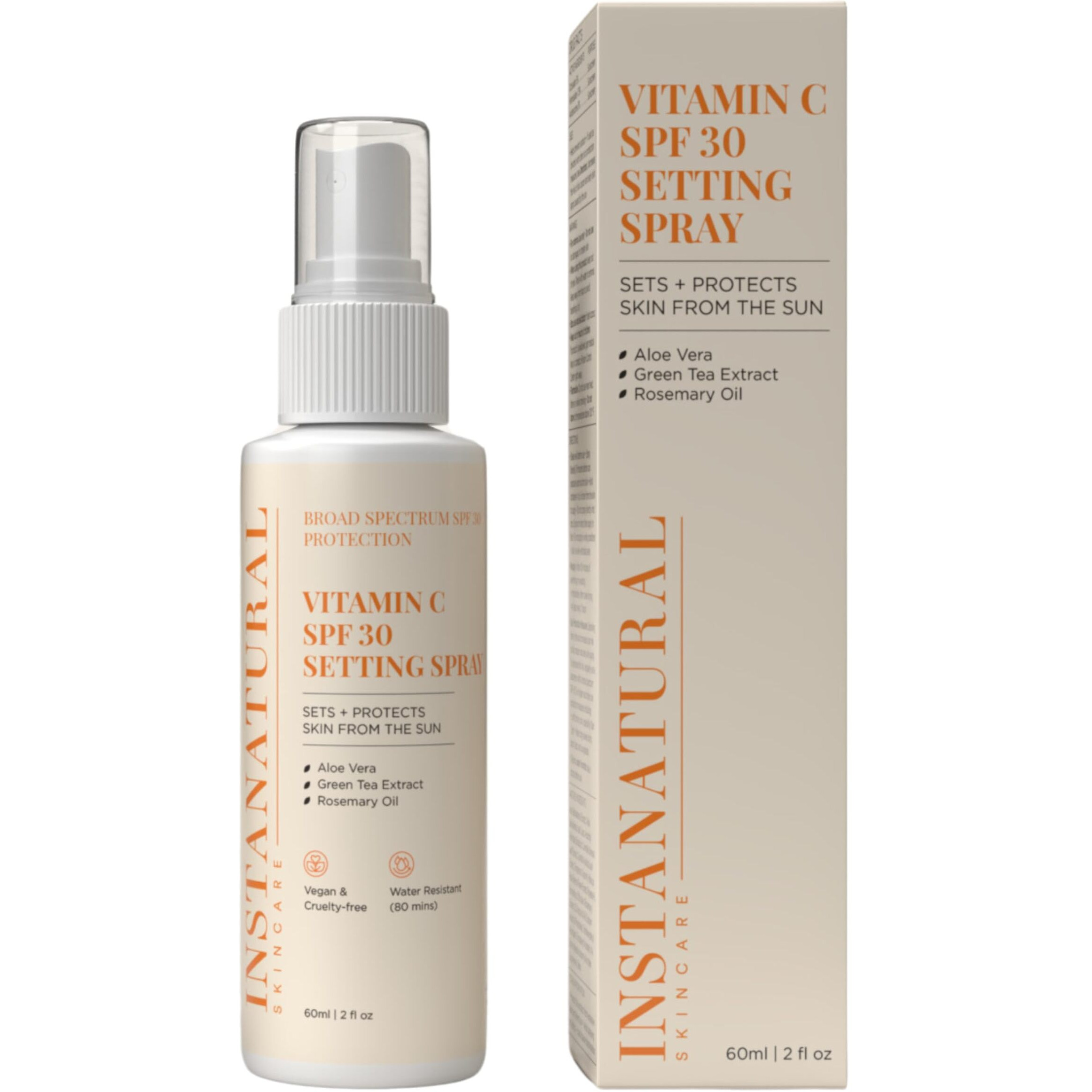 Instanatural Skin Care Vitamin C Spf 30 Broad Spectrum Sunscreen Make Up Setting Spray, Brightens & Hydrates, Uva, Uvb Sun Protection Sunblock, With Aloe Vera & Botanicals, Pump Bottle, 2 Fl Oz