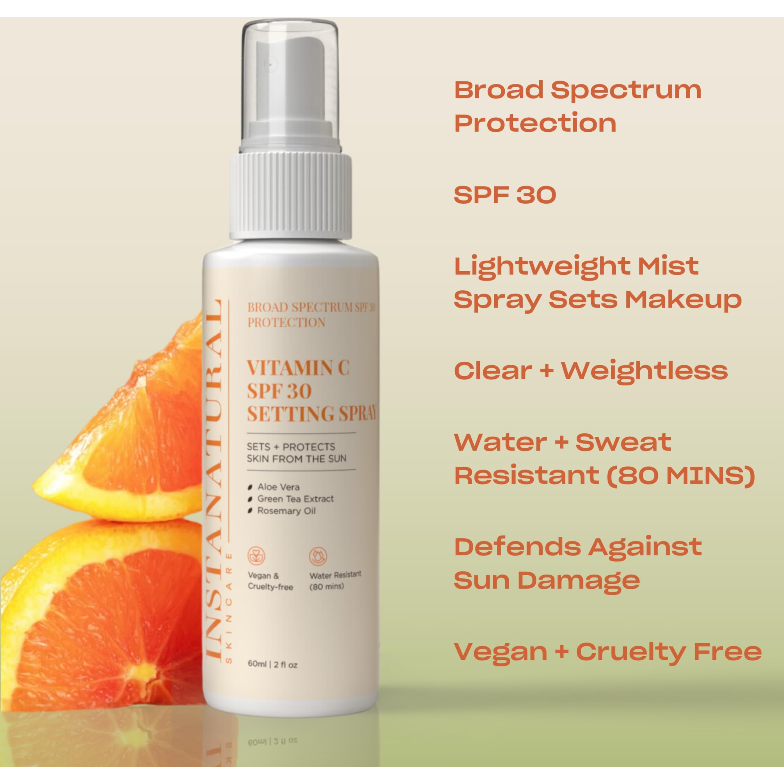 Instanatural Skin Care Vitamin C Spf 30 Broad Spectrum Sunscreen Make Up Setting Spray, Brightens & Hydrates, Uva, Uvb Sun Protection Sunblock, With Aloe Vera & Botanicals, Pump Bottle, 2 Fl Oz