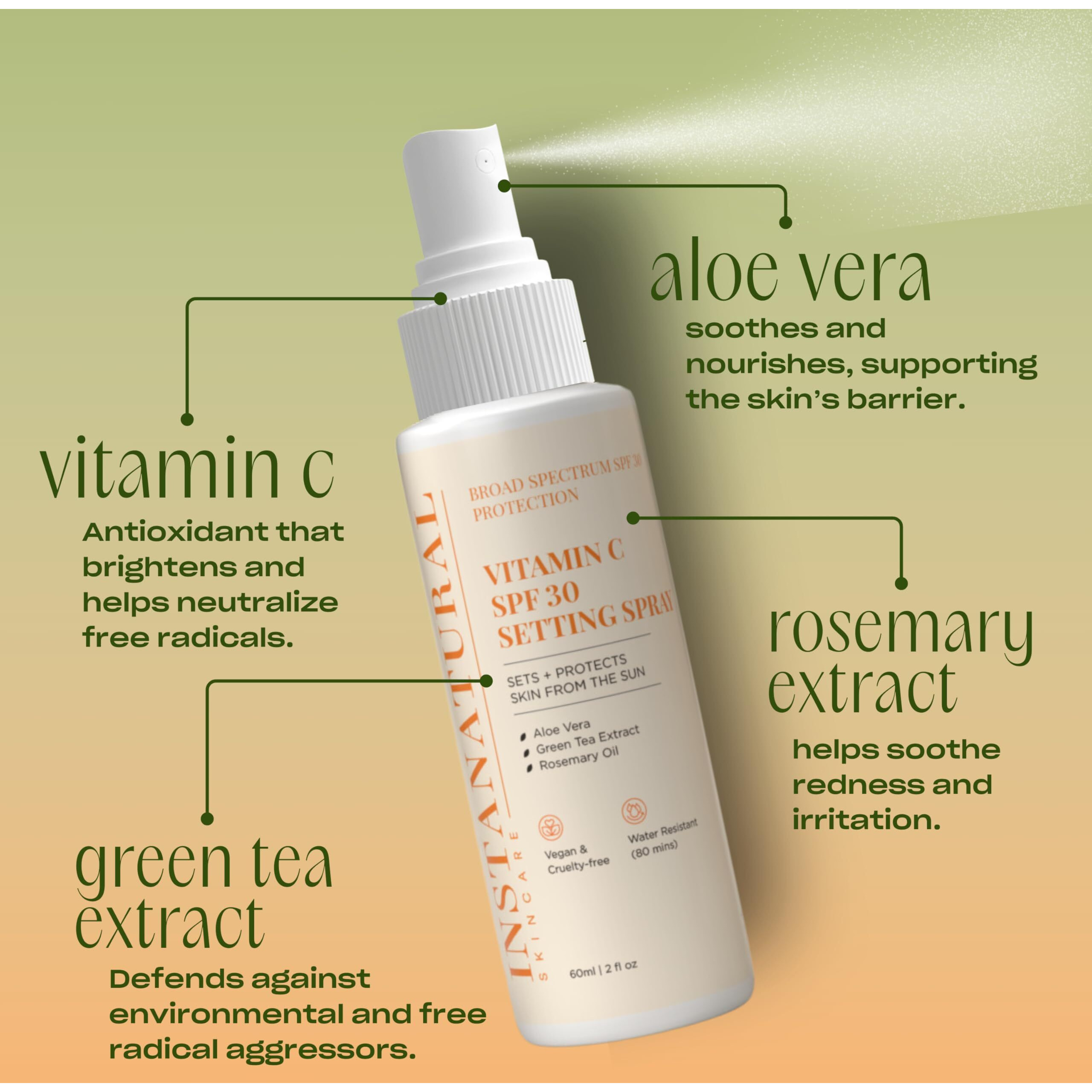 Instanatural Skin Care Vitamin C Spf 30 Broad Spectrum Sunscreen Make Up Setting Spray, Brightens & Hydrates, Uva, Uvb Sun Protection Sunblock, With Aloe Vera & Botanicals, Pump Bottle, 2 Fl Oz