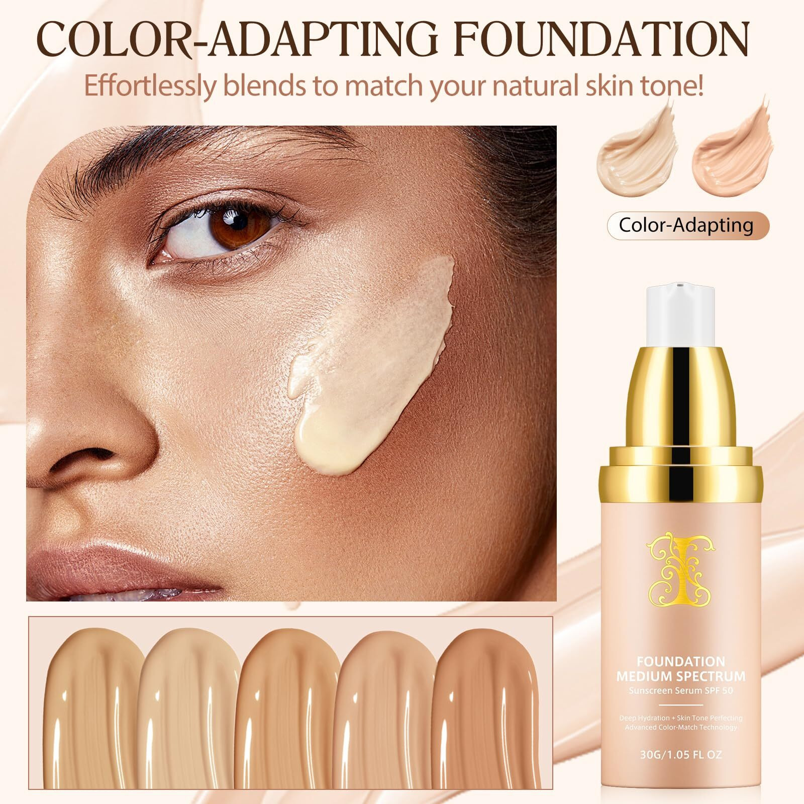 Foundation 4 In 1 - Medium Spectrum With Spf 50+, Concealer, Sun Protection, Hydrating Foundation Color Changing, Longwearing & Waterproof Concealer, Light Spectrum For Gym, Dancing- 1.05 Fl Oz
