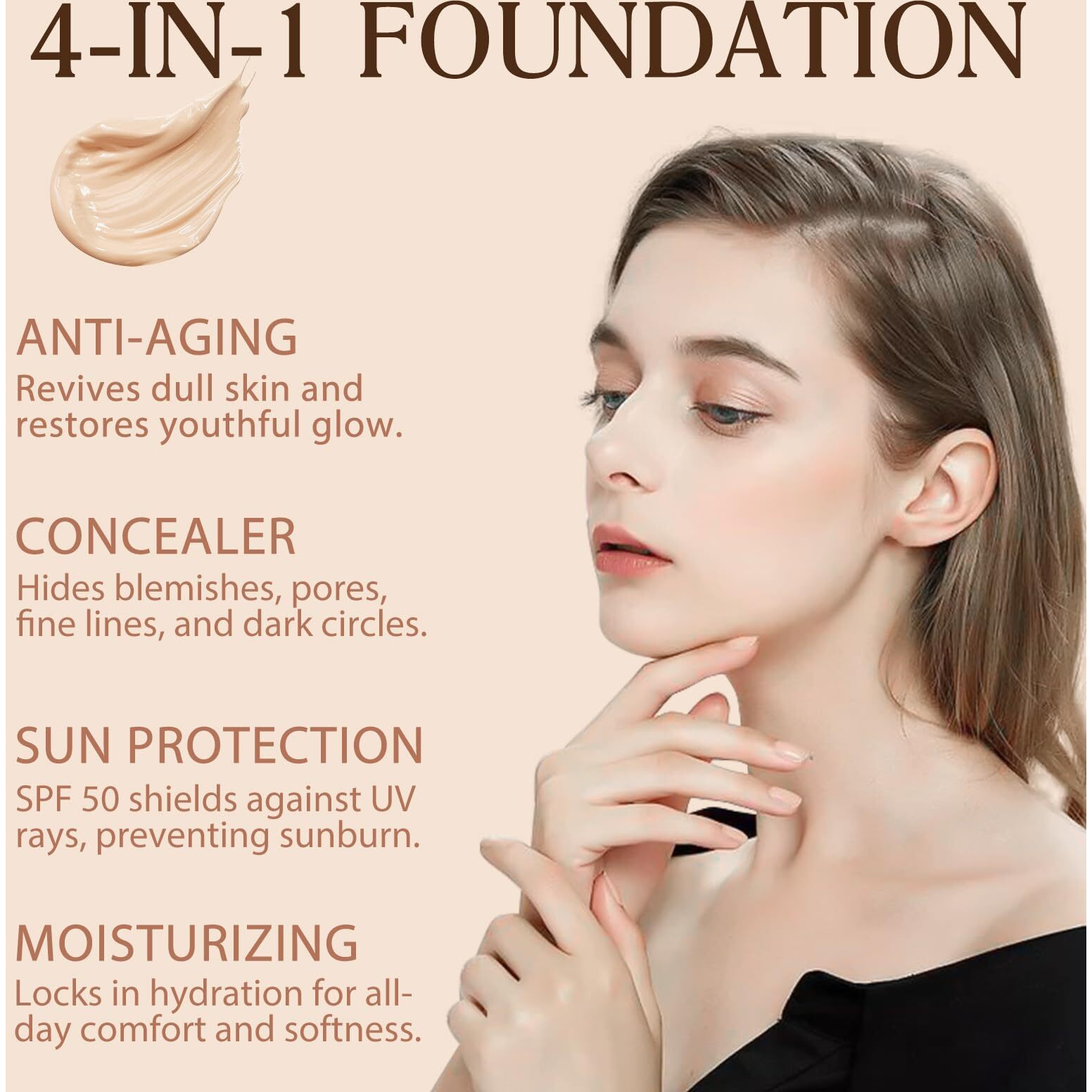 Foundation 4 In 1 - Medium Spectrum With Spf 50+, Concealer, Sun Protection, Hydrating Foundation Color Changing, Longwearing & Waterproof Concealer, Light Spectrum For Gym, Dancing- 1.05 Fl Oz