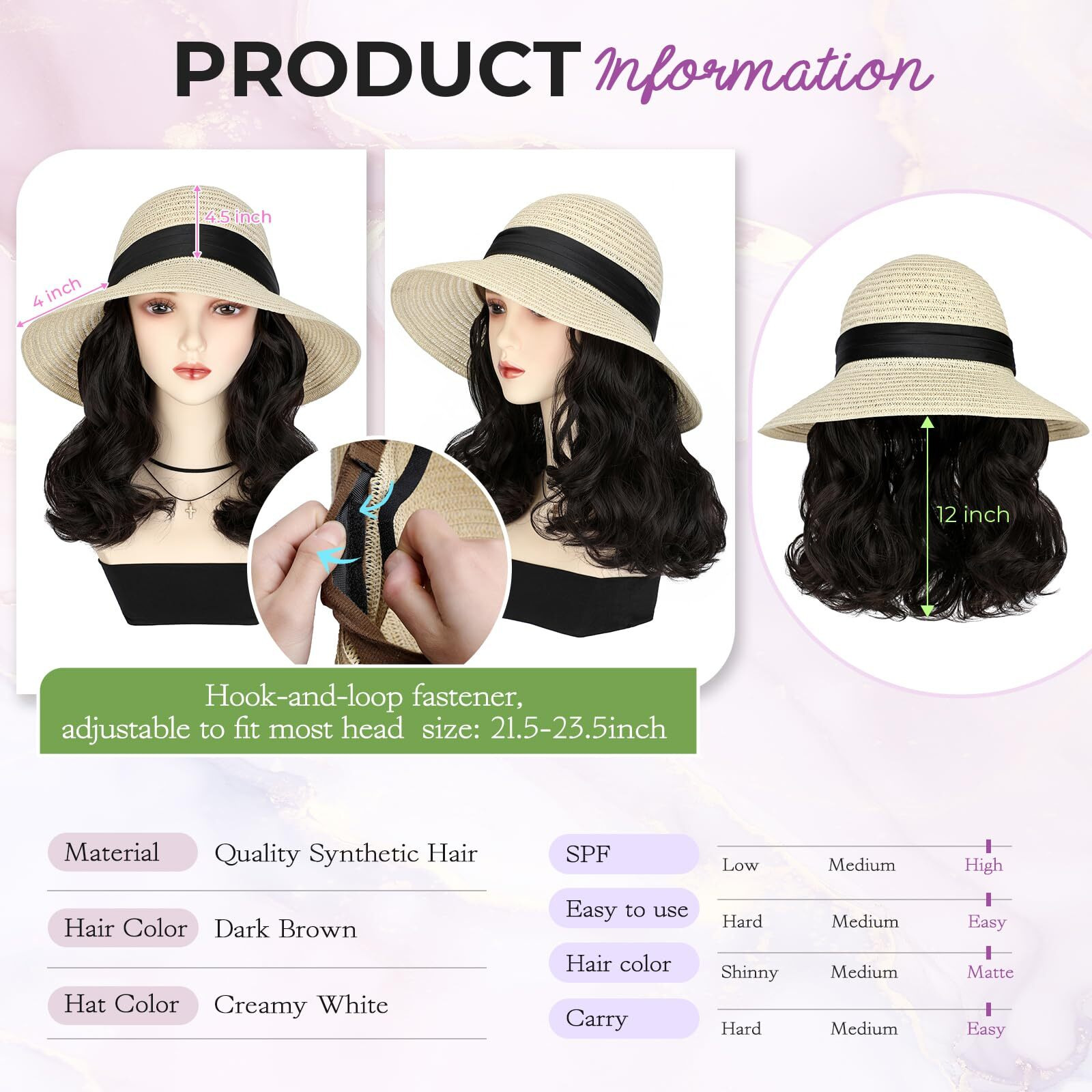 Cephermer Sun Hat, Straw Hat Wig Detachable Adjustable Cap With 12 Inch Synthetic Wavy Hair Extensions Foldable For Women Summer Beach Outdoors Dark Brown