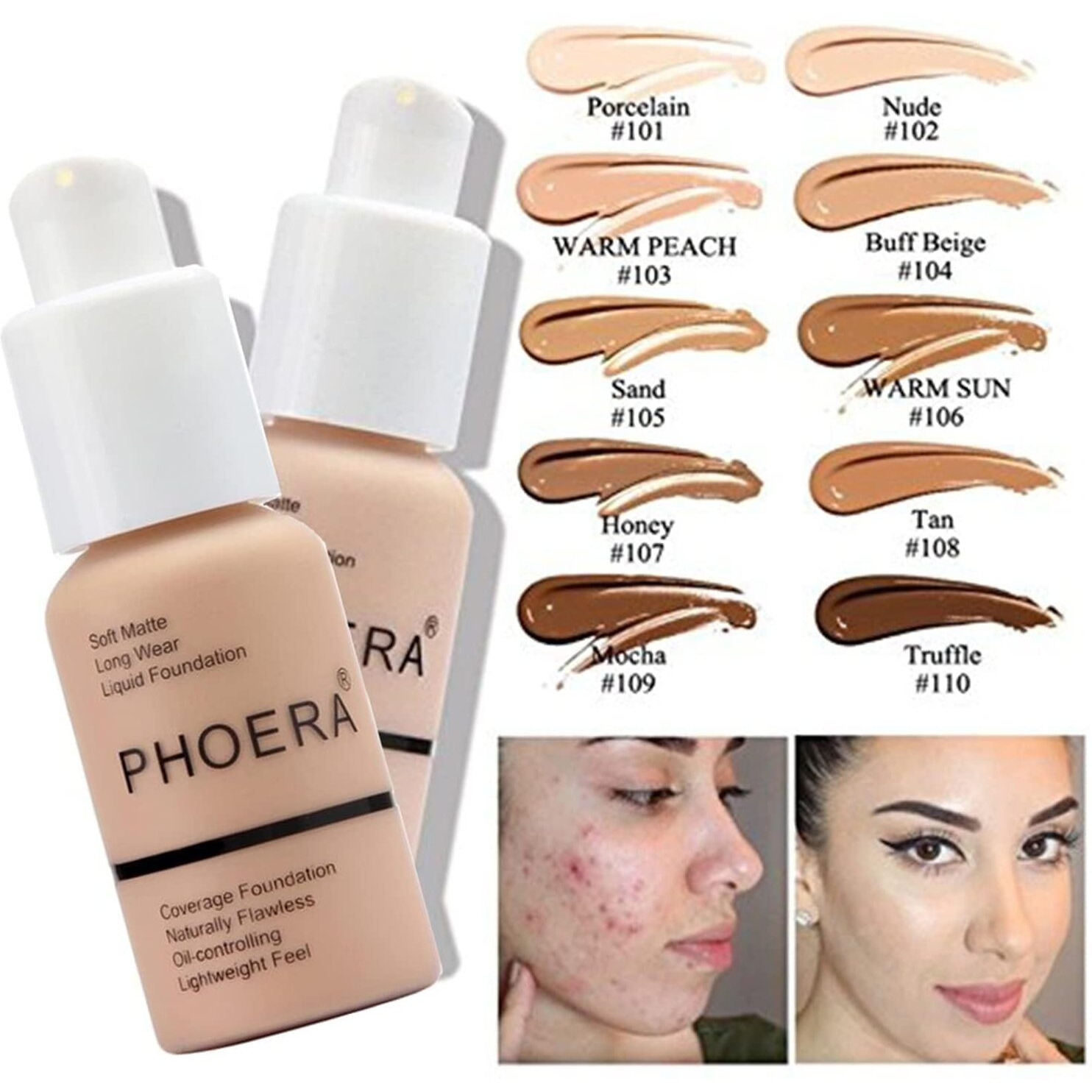 Phoera Foundation, Phoera Matte Liquid Foundation,Phoera Makeup For Women, Phoera Foundation Full Coverage Concealer, 30Ml 24Hr Matte Oil Control Concealer (106 - Warm Sun*2)