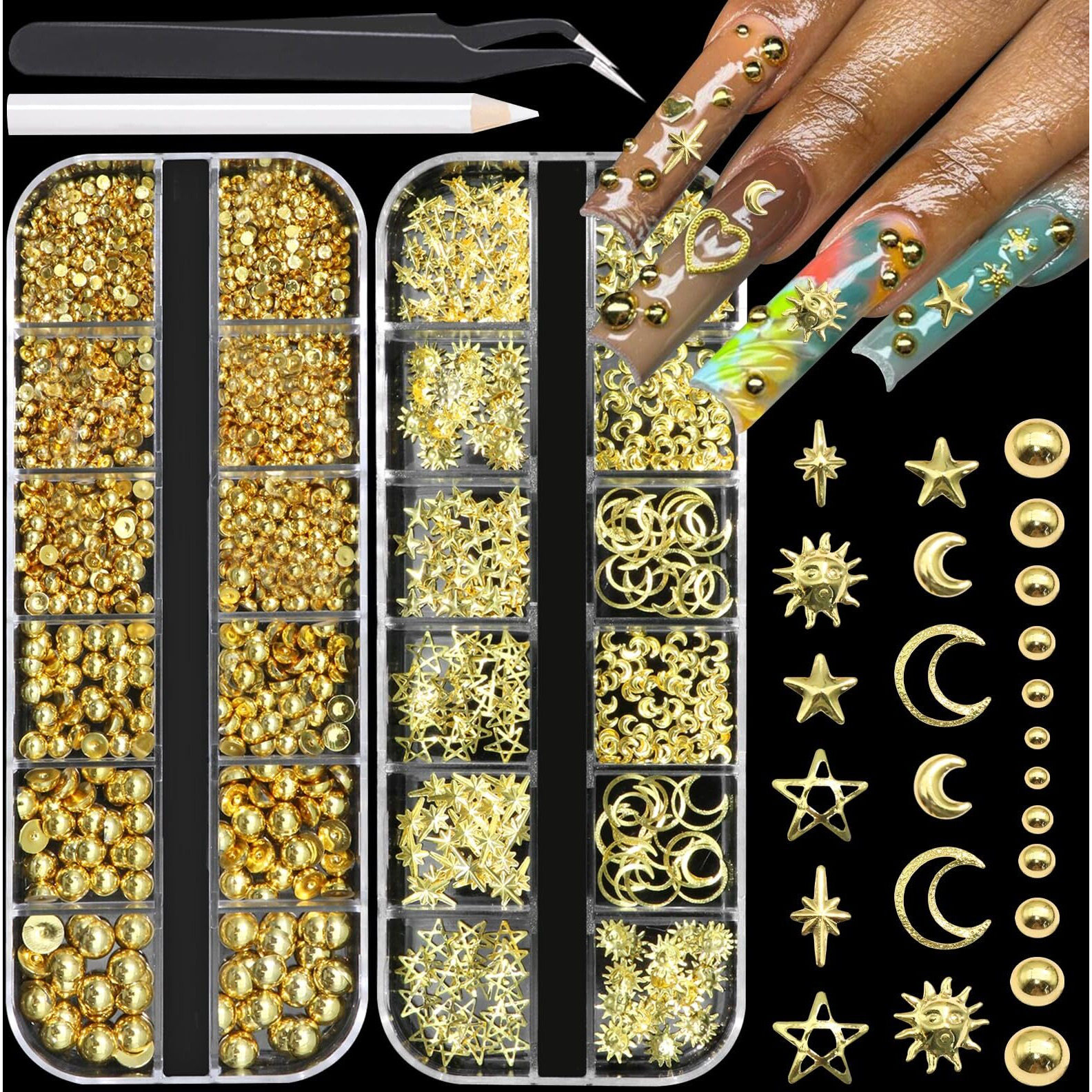 Belicey 3D Nail Charms Mix Gold Star Moon Sun Charms For Nails Gold Flatback Nail Pearls Nail Charms Gems Pearls For Nails Jewelry For Diy Nail Art Supply Accessories Crafts With Tweezer Picker Pen