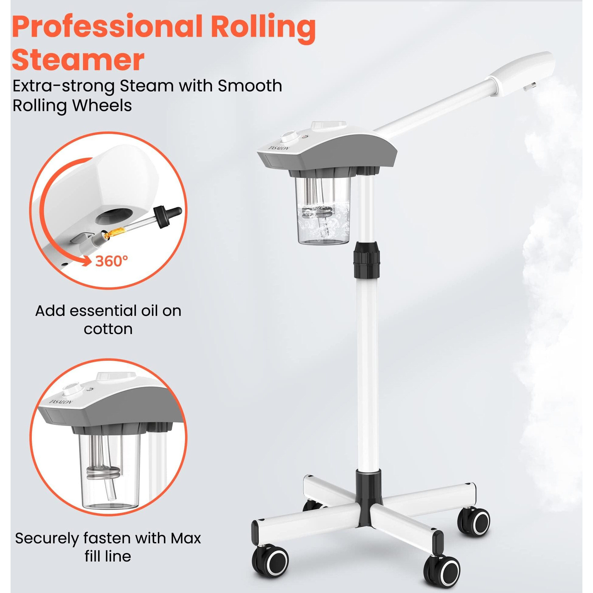 Tasalon Professional Facial Steamer Machine On Wheels, Standing Esthetician Steamer With Hot Ozone Mist, Facial Be Used For Skin Rejuvenation, Steamer For Facial Used For Spa Or Personal Care, White