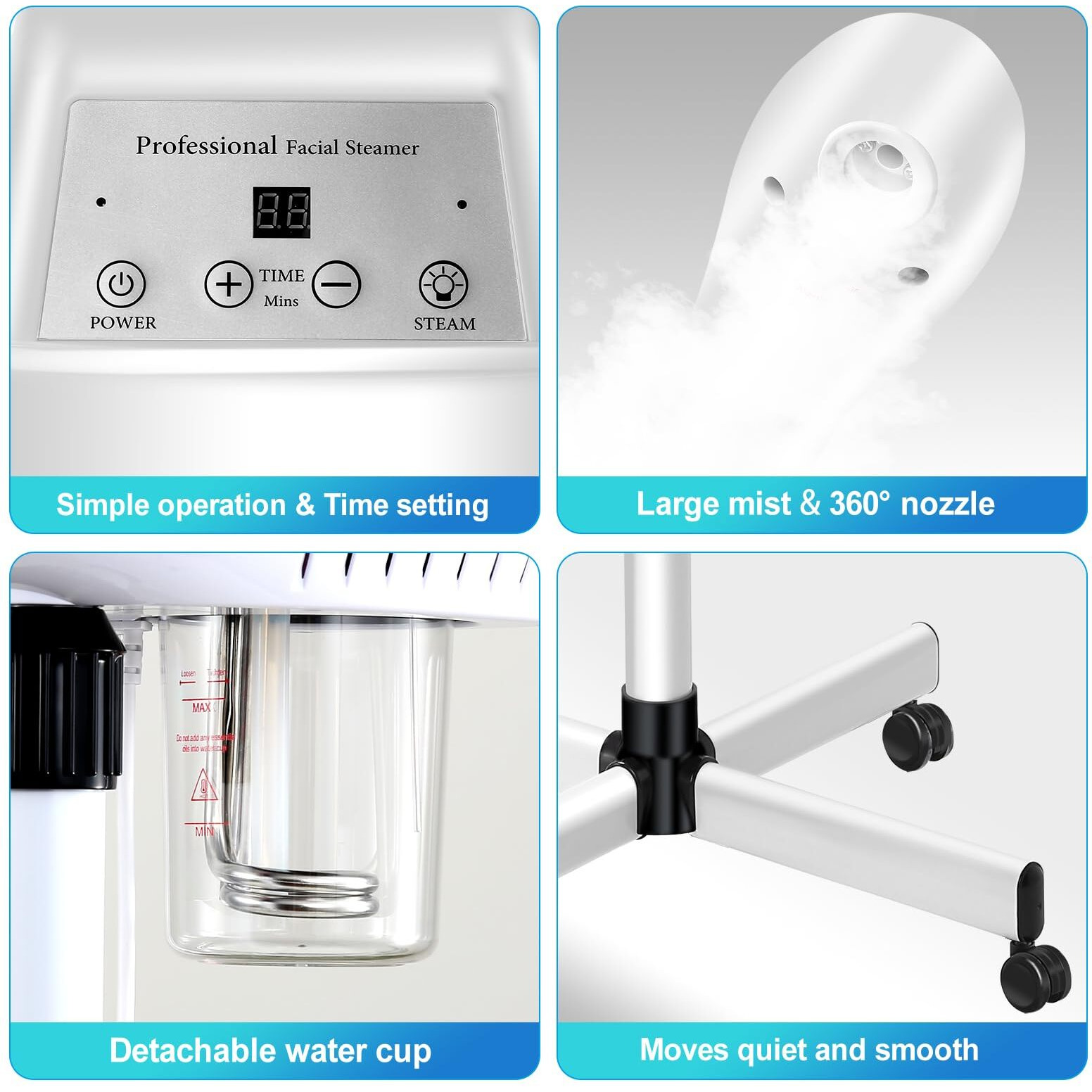 Professional Facial Steamer On Wheels, Esthetician Steamer With Hot Ozone Mist, Stand Face Steamer For Facial Deep Cleaning, Steamer For Facial For Personal Care Or Spa, White