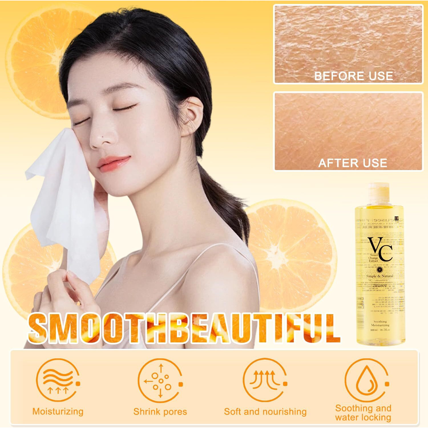 Vc Toner,Moisturizing Face Toner Hydrating Facial Essences,Lightweight Face Moisturizer,Vitamin C & Sweet Orange Essence, Minimizes Pores & Soothes Dry Skin For All Types,300Ml