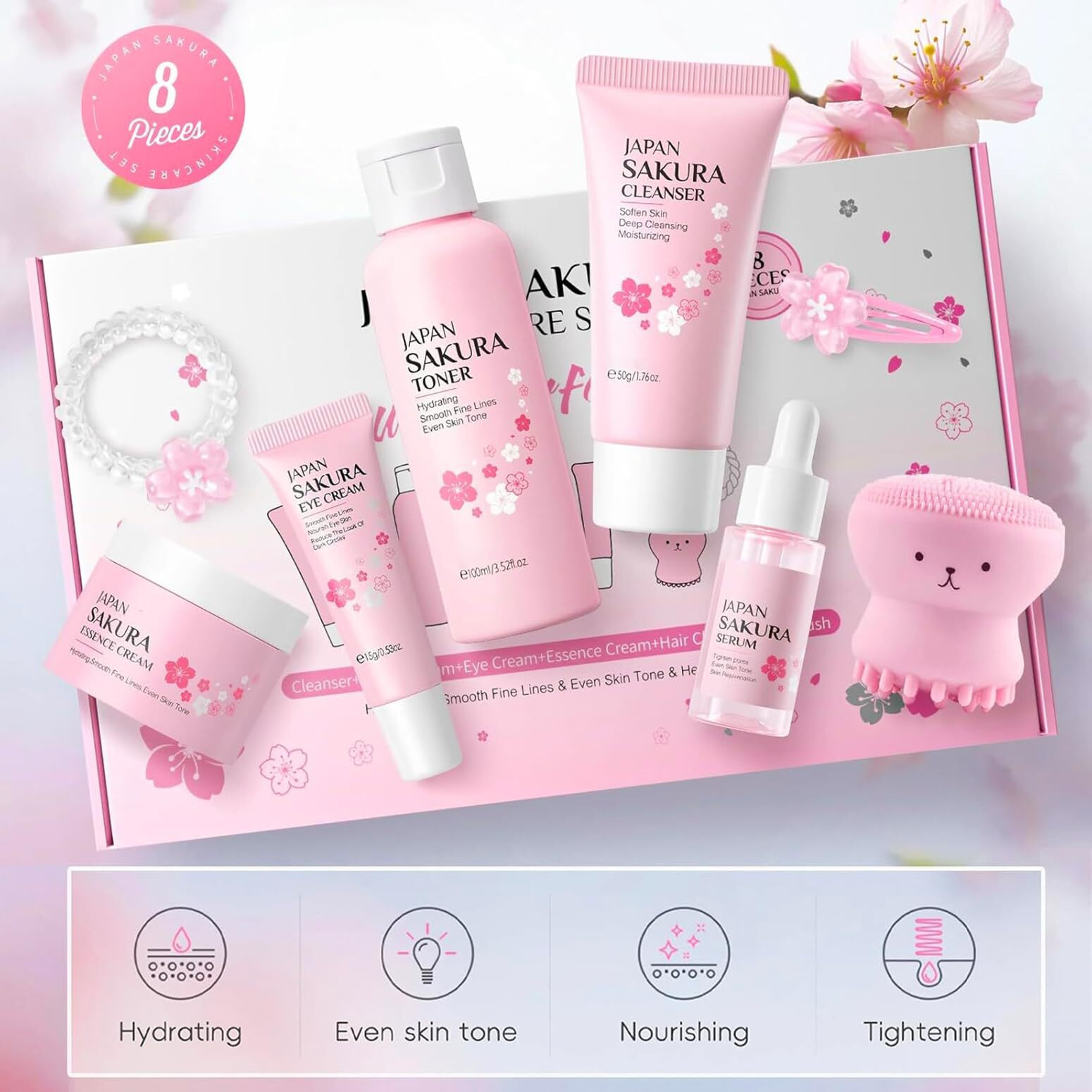 Skin Care Set For Women Girls, Cherry Blossoms Beauty Gift Sets For Intense Hydration, Face Skin Care Kit With Cleanser, Toner, Serum, Eye Cream, Face Cream - 8Pcs Skin Care Routine Kit