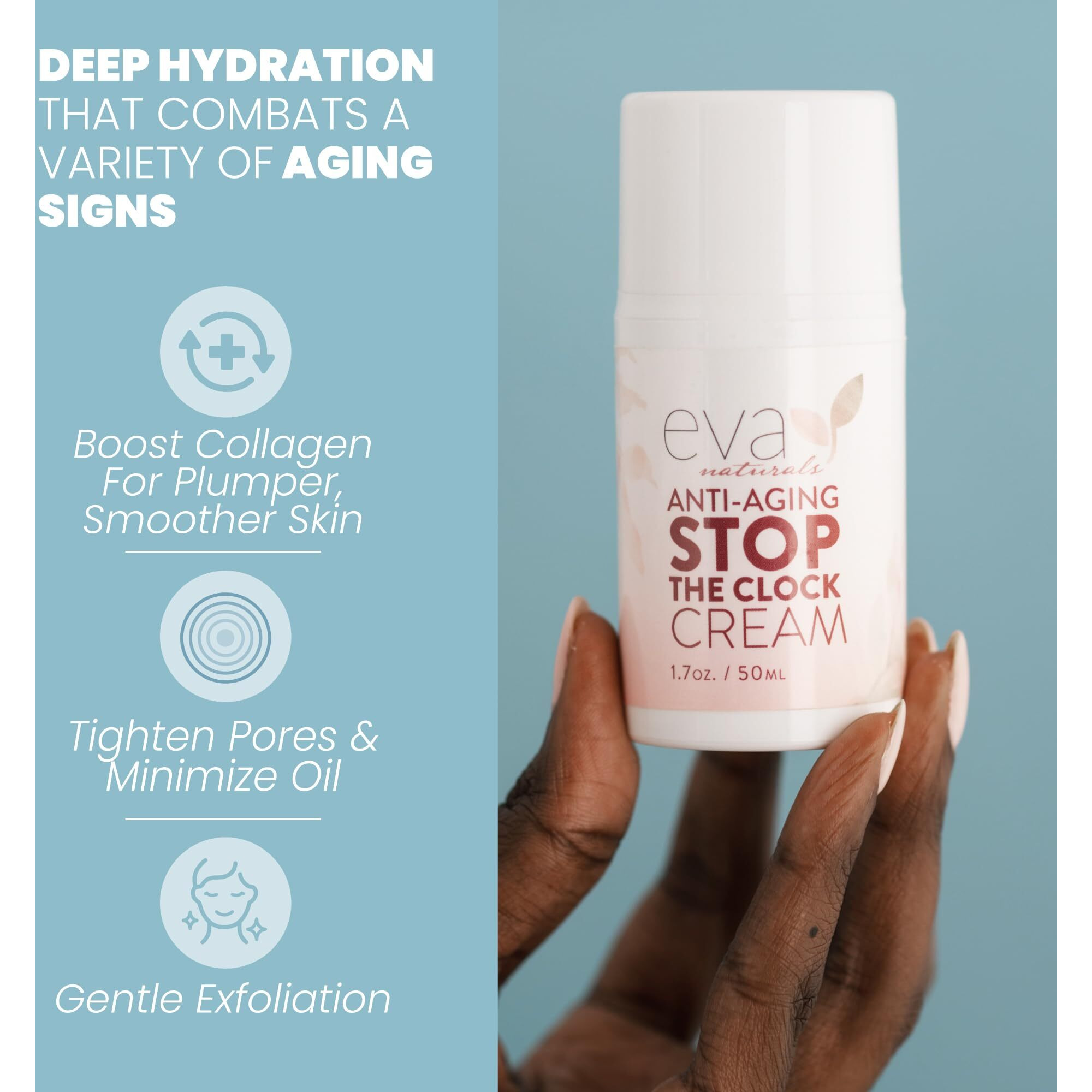 Eva Naturals Stop The Clock Anti-Aging Cream (1.7Oz) - Face Moisturizer Visibly Reduces Wrinkles, Facial Skin Care Products With Glycolic - Moisturizer For Face - Premium Quality Face Cream