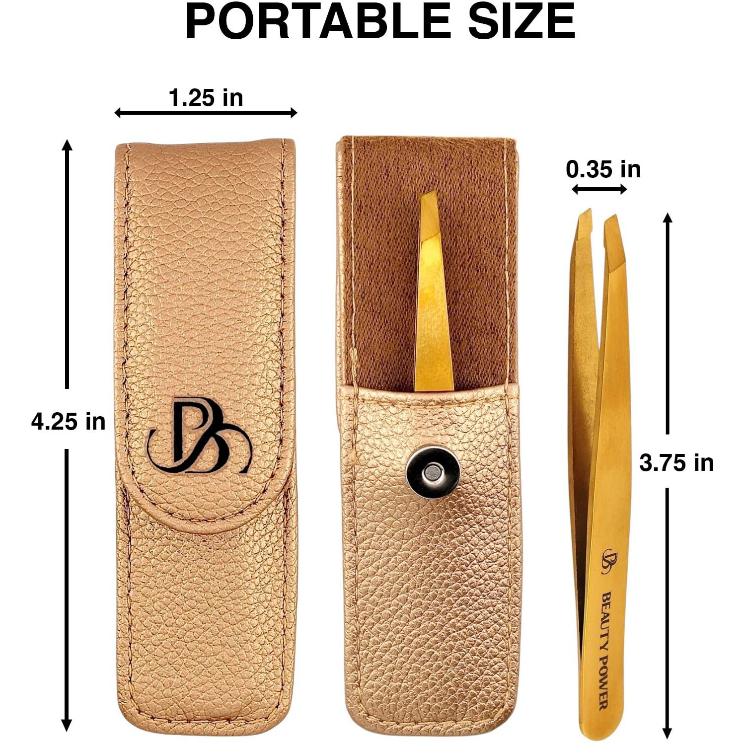 Beauty Power Professional Tweezers In Case - Slant, Durable Lightweight German Stainless Steel, Ultra Precision Tweezers For Eyebrows, Facial Hair, Chin, And Ingrown Hair Removal - Gift (Gold)