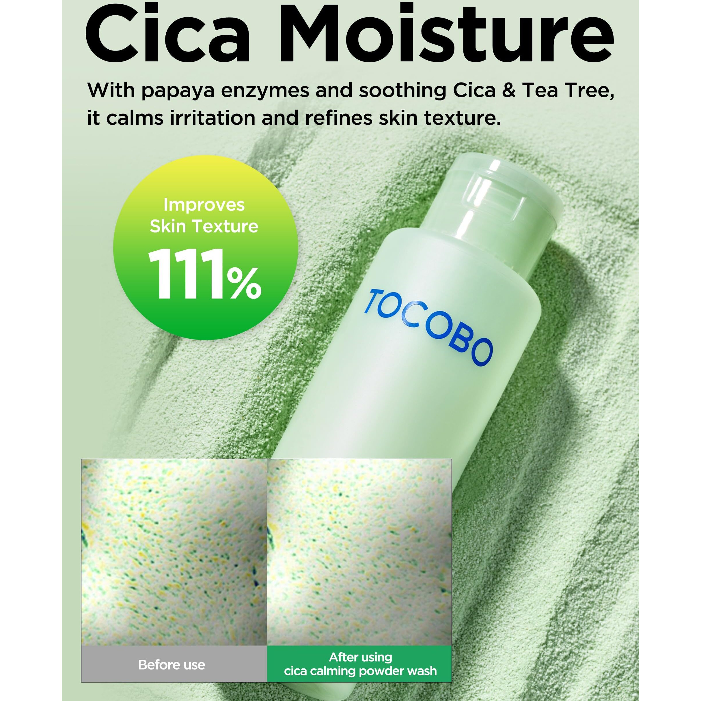Tocobo Cica Calming Powder Wash - Korean Enzyme Face Cleanser With Cica, Tea Tree & Papain - Hypoallergenic Low Ph Powder Cleanser For Sensitive Skin, Pore Purifying & Exfoliating,. 1.69 Oz.
