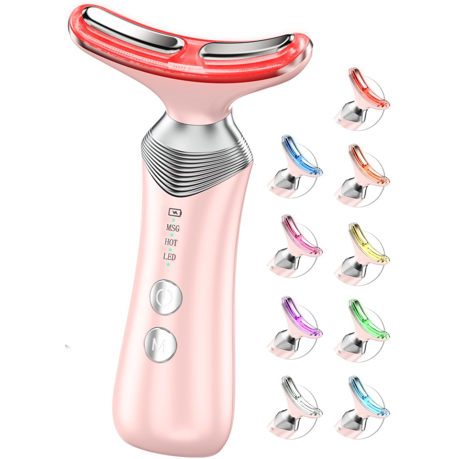 Dopsikn 9-In-1 Red-Light-Therapy-For-Face-And-Neck, Portable Facial Massager Tool With Adjustable Vibration & Thermals For Wrinkles, Double Chin, Pink