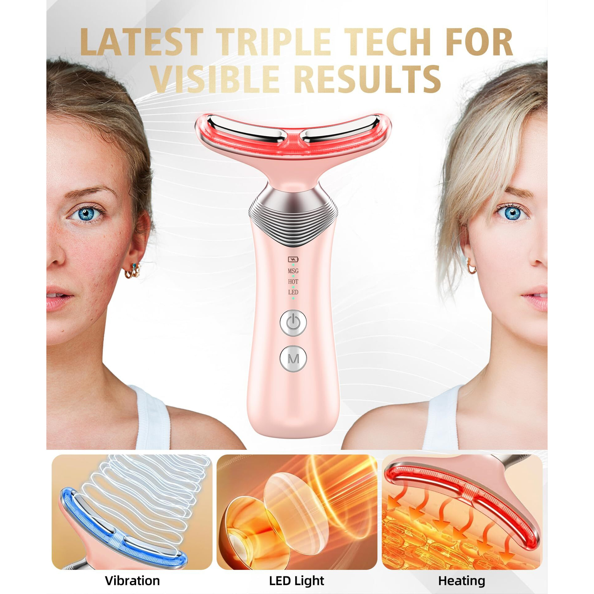 Dopsikn 9-In-1 Red-Light-Therapy-For-Face-And-Neck, Portable Facial Massager Tool With Adjustable Vibration & Thermals For Wrinkles, Double Chin, Pink