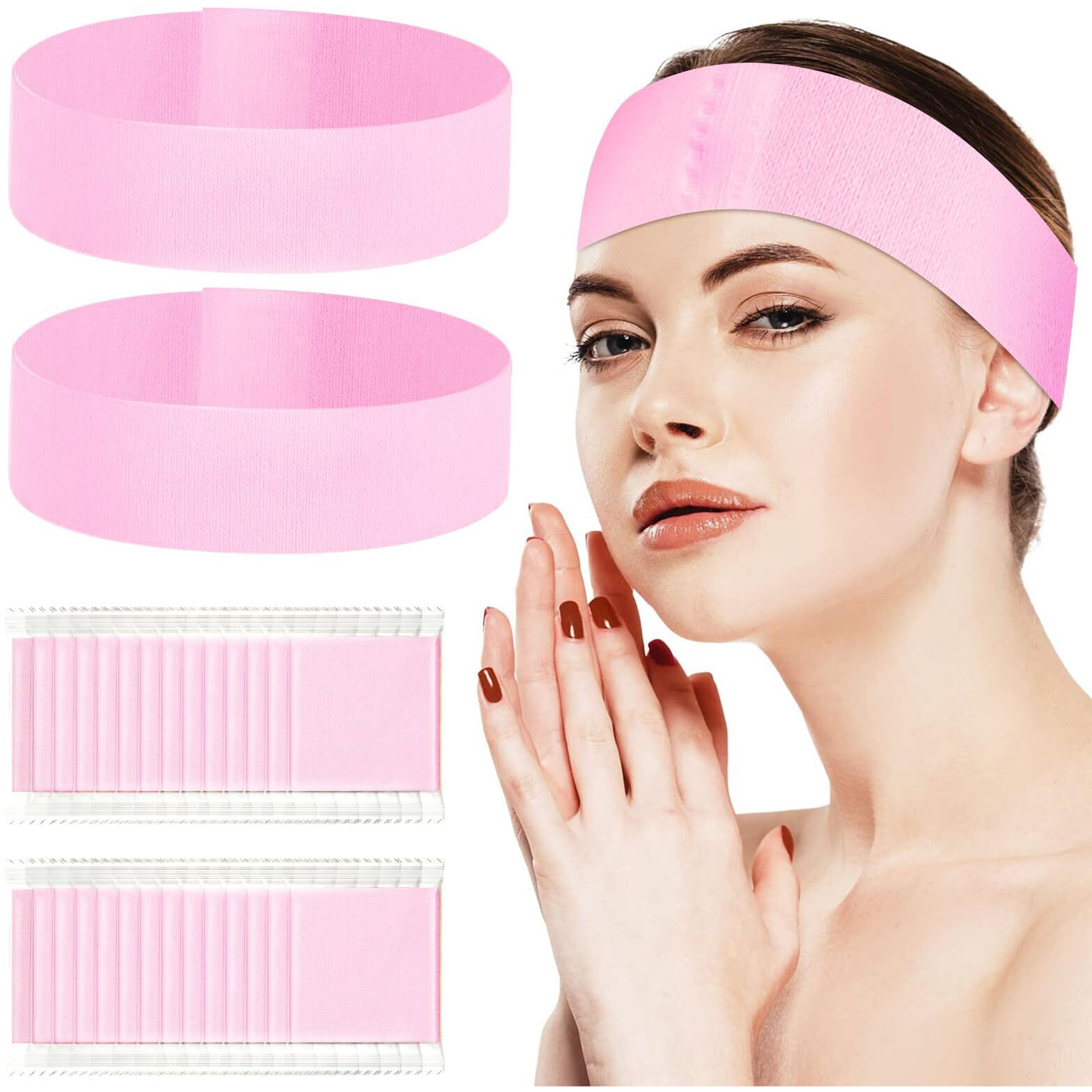 Noverlife 100Pcs Disposable Headbands For Spa, Pink Disposable Facial Headbands Individually Wrapped Esthetician Wrap W/Magic Tape, Non-Woven Stretch Single Use Facial Headband For Sauna Washing Face
