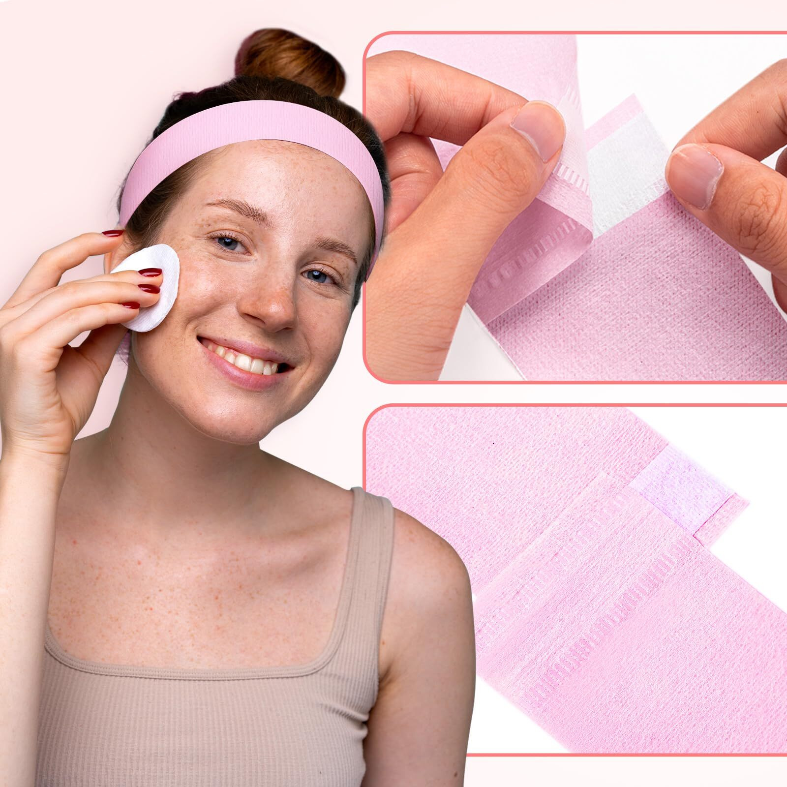 Noverlife 100Pcs Disposable Headbands For Spa, Pink Disposable Facial Headbands Individually Wrapped Esthetician Wrap W/Magic Tape, Non-Woven Stretch Single Use Facial Headband For Sauna Washing Face