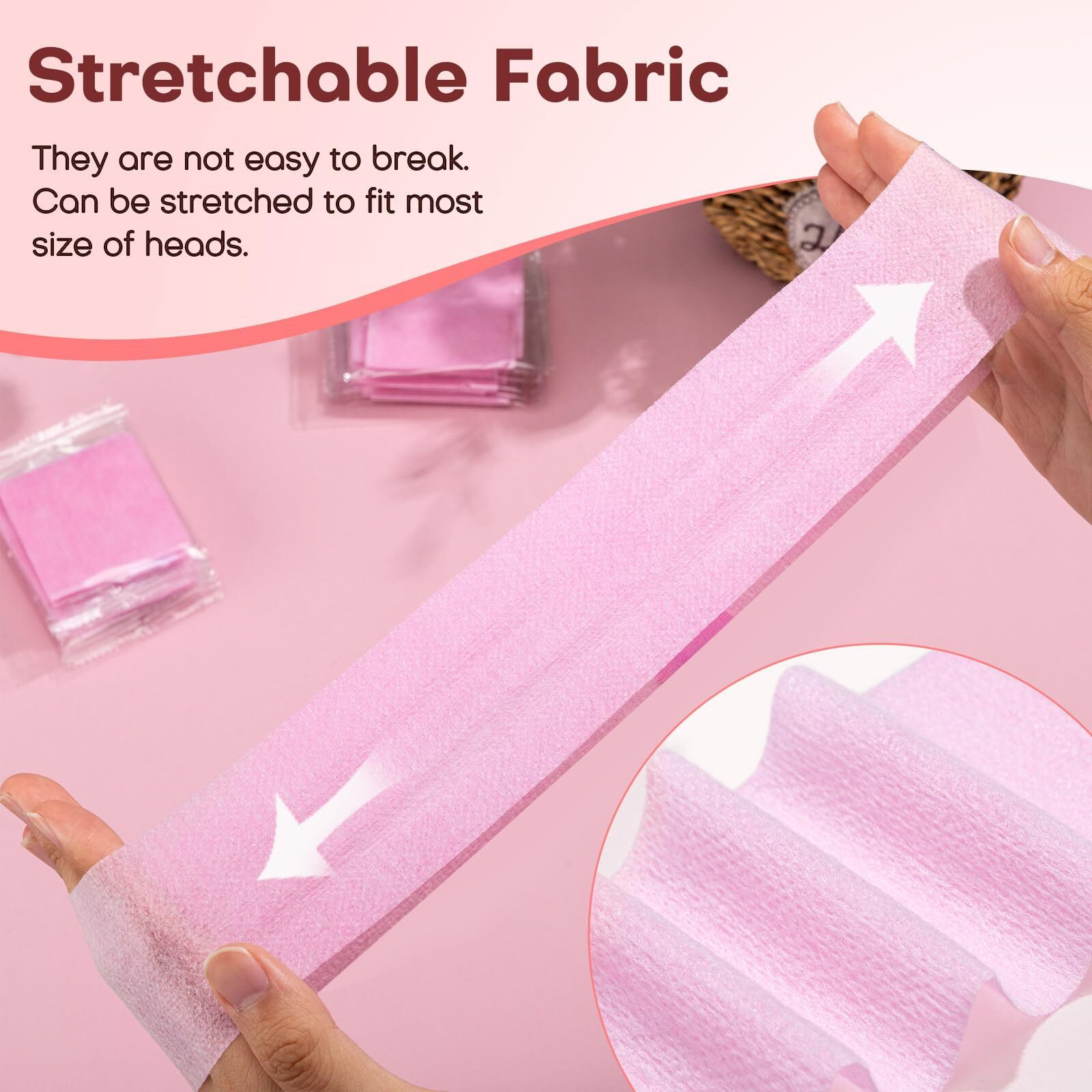 Noverlife 100Pcs Disposable Headbands For Spa, Pink Disposable Facial Headbands Individually Wrapped Esthetician Wrap W/Magic Tape, Non-Woven Stretch Single Use Facial Headband For Sauna Washing Face