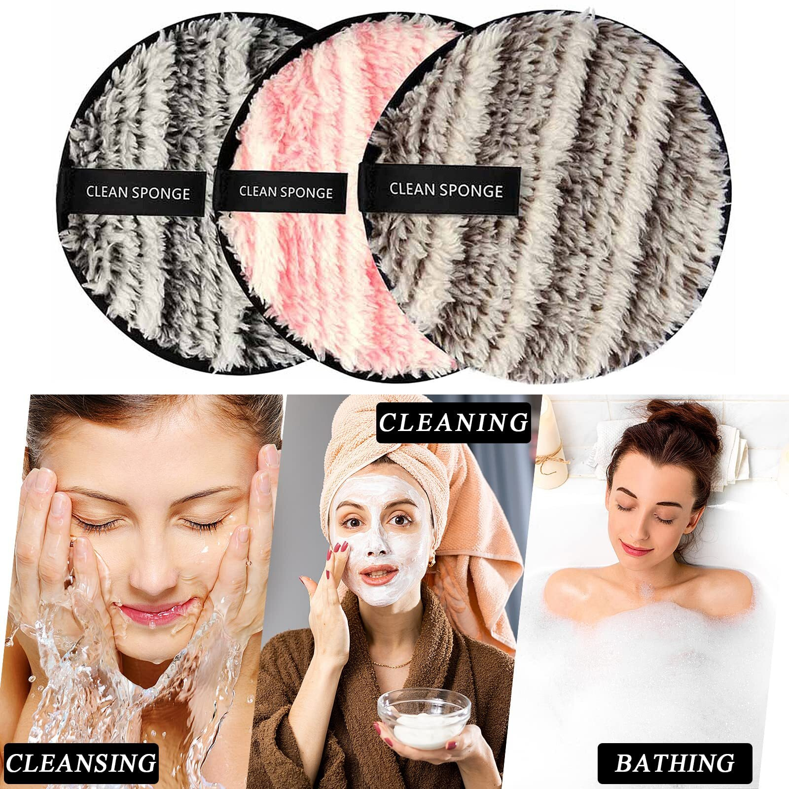 Vtrem 3 Colors Reusable Makeup Remover Pads Soft Facial Cleaning Puffs Towels Face Eye Lip Remover Pads Double-Side Washable Make Up Removing Cloth Microfiber, Pink/Brown/Black