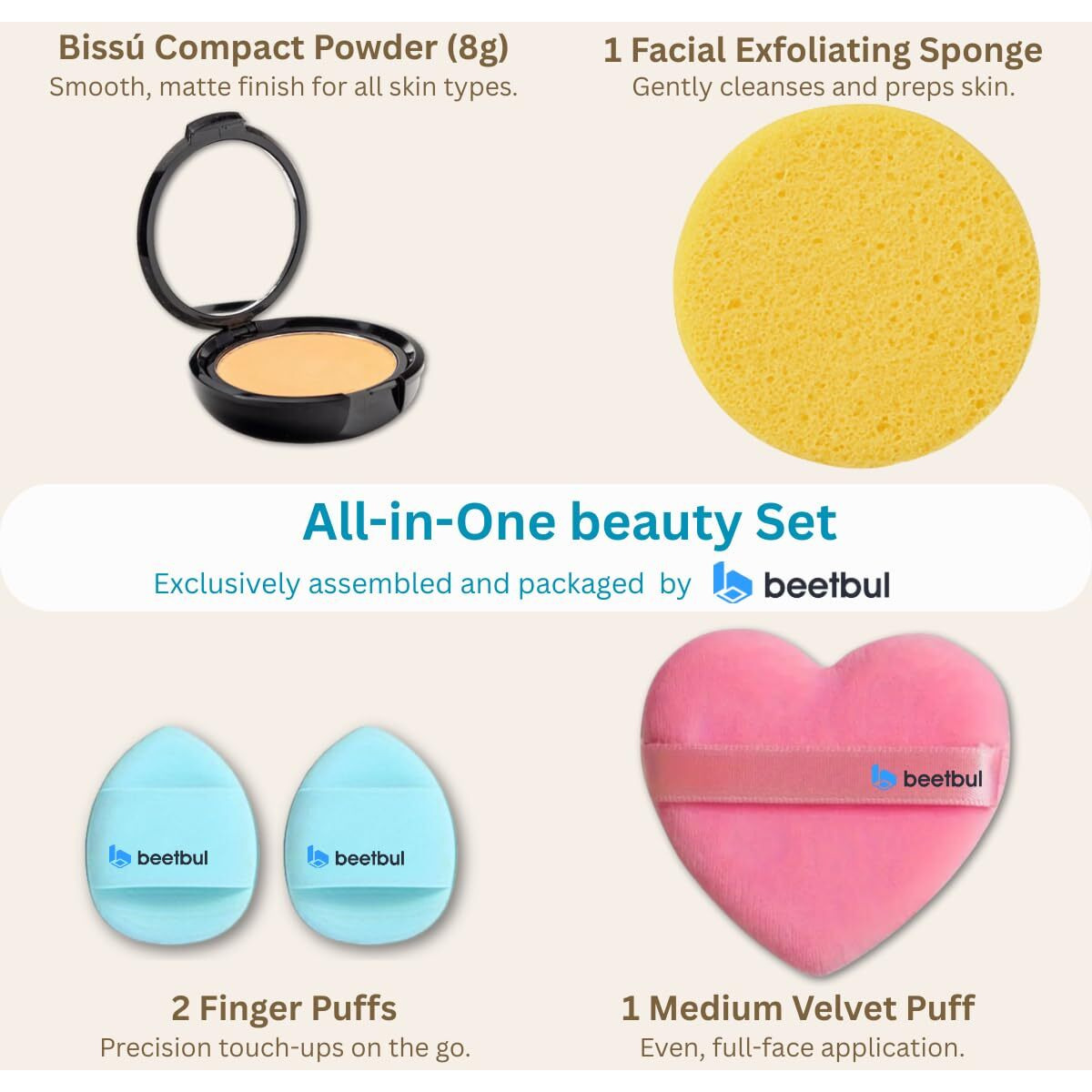 Beetbul Makeup & Exfoliation Kit - Biss   Compact Powder + 1 Medium Velvet Puff + 2 Finger Puffs + 1 Facial Exfoliating Sponge (03 Nude, One Size)
