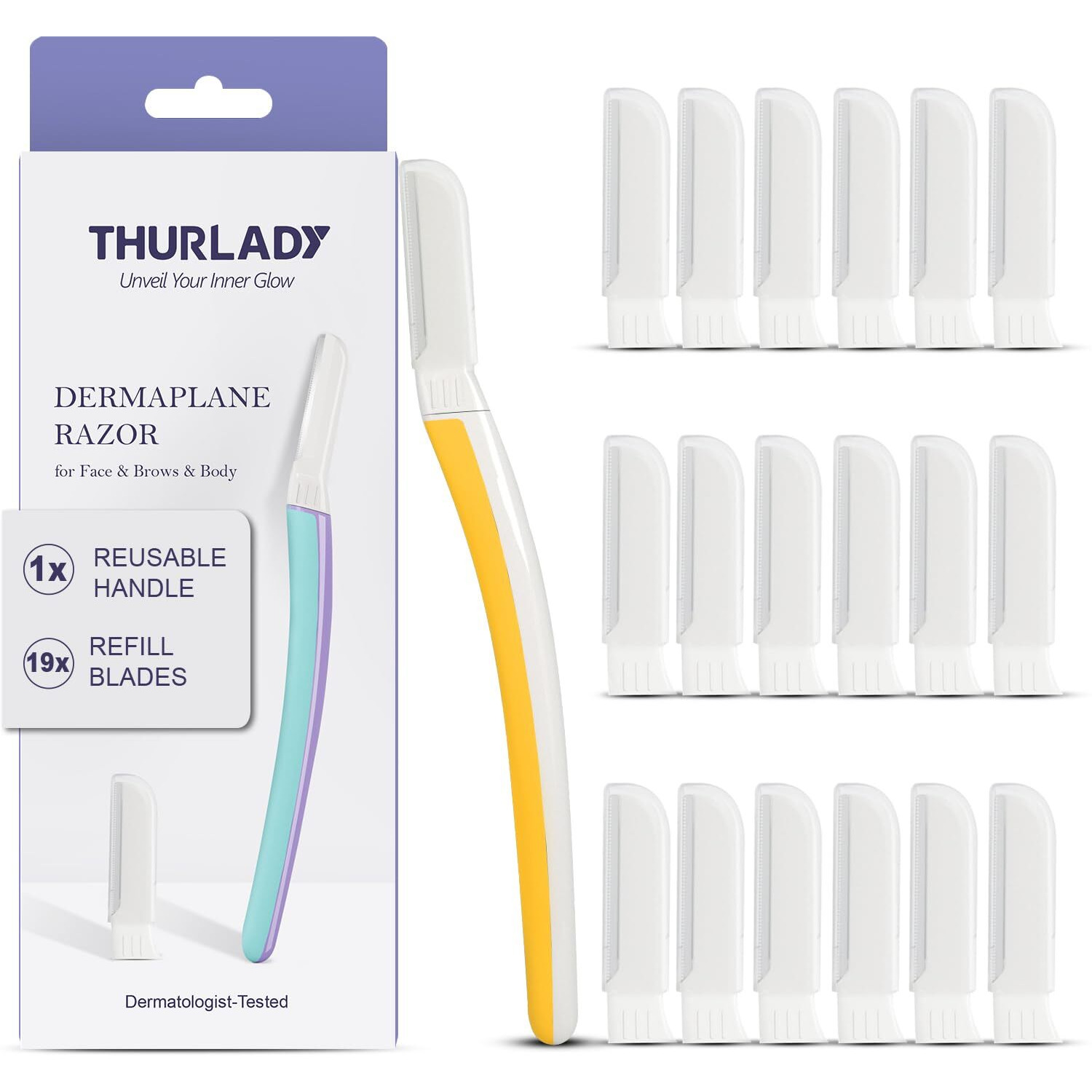 Thurlady Face Razors For Women, Reusable Handle With 19 Microblades, Dermaplane Razor For Women Face, Eyebrow & Facial Razors, Peach Fuzz Remover, Gentle Exfoliating, For Sensitive Skin (Solar Veil)