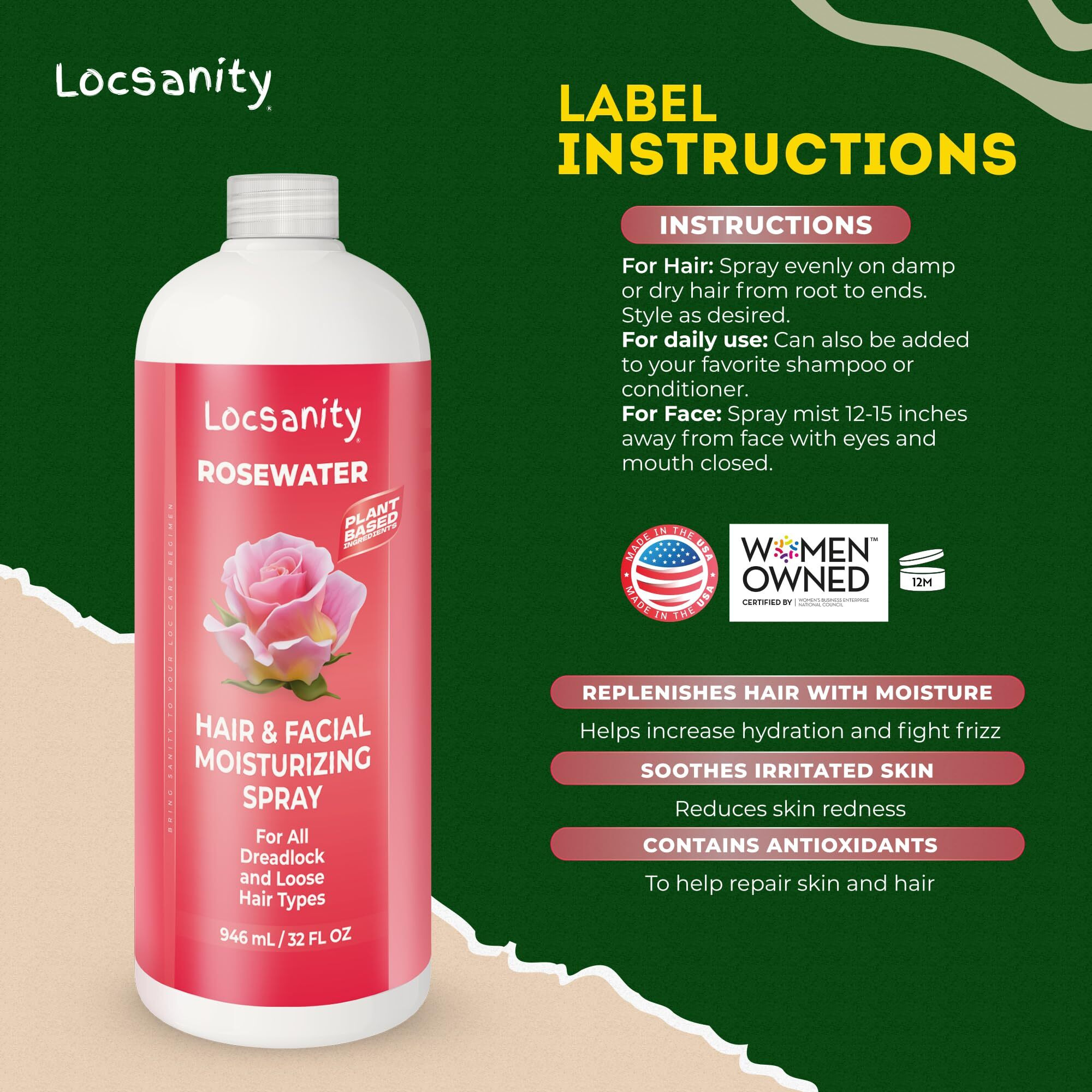 Locsanity Pure Rosewater Hair And Facial Spray - Jumbo Size Hydrating Face Mist To Soothe, Refresh, And Rejuvenate Skin, Reduce Oil And Buildup (32Oz)