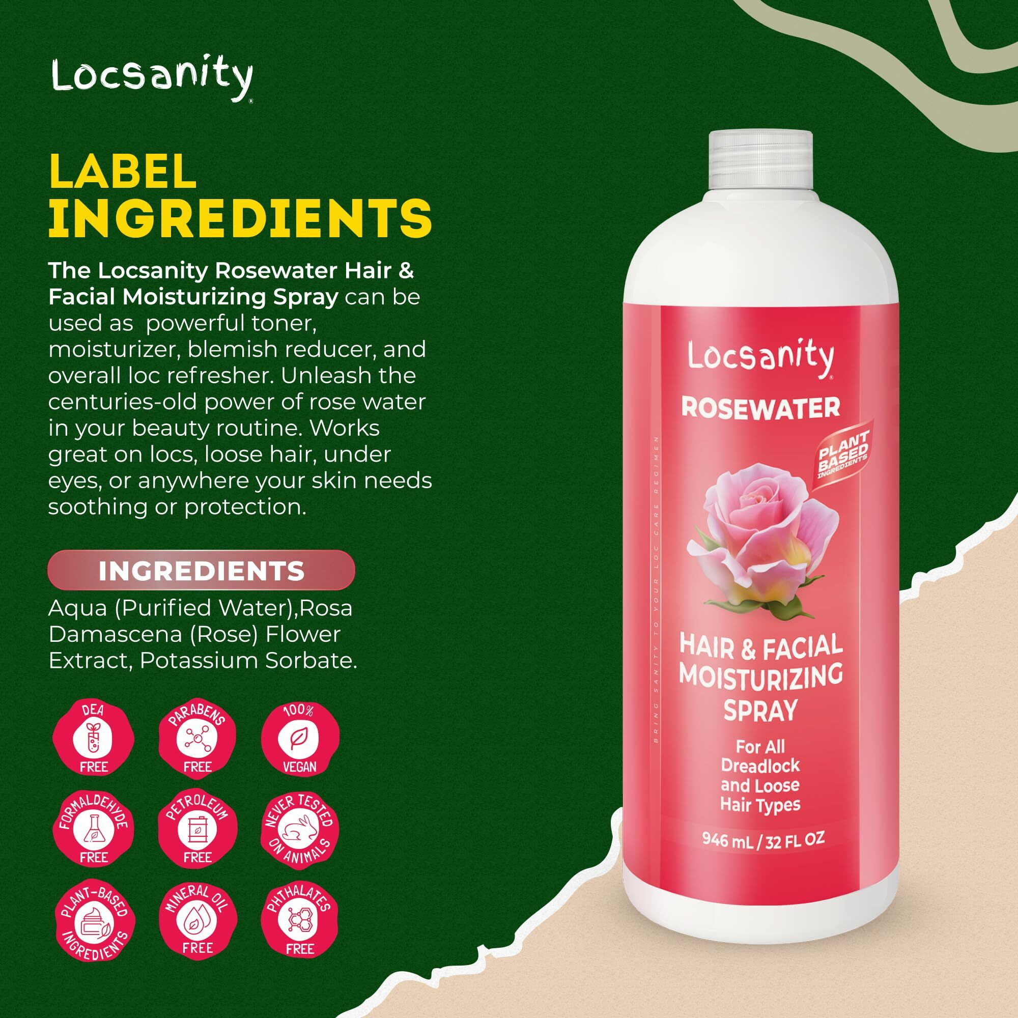 Locsanity Pure Rosewater Hair And Facial Spray - Jumbo Size Hydrating Face Mist To Soothe, Refresh, And Rejuvenate Skin, Reduce Oil And Buildup (32Oz)