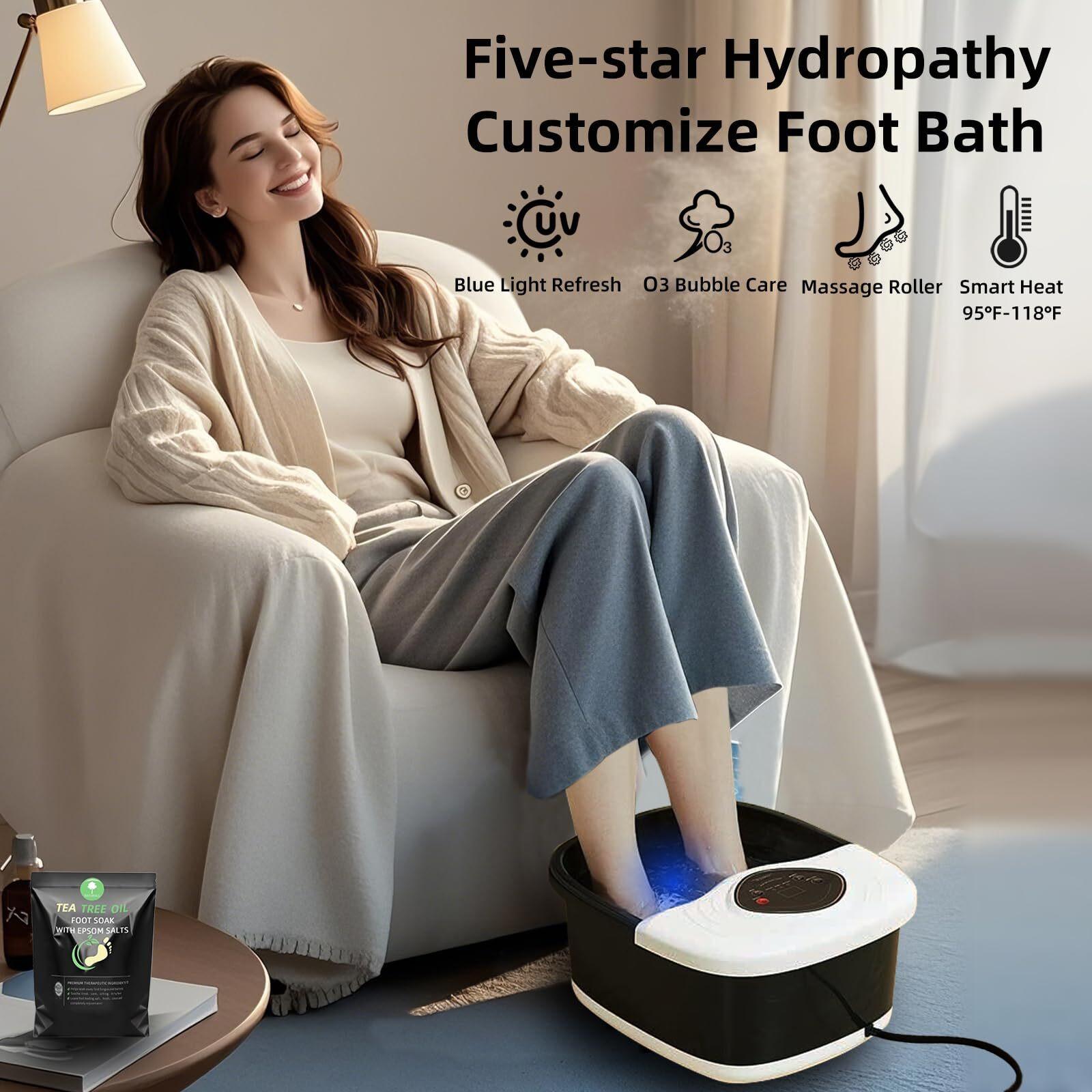 Closewave Foot Spa Bath Massager With Heat, Shiatsu Rollers, Uv & Ozone Bubbles - Includes Tea Tree Oil Epsom Salt, Relieves Stress And Foot Pain - Home Pedicure Soak Tub Gift For Women/Men, Mom/Dad