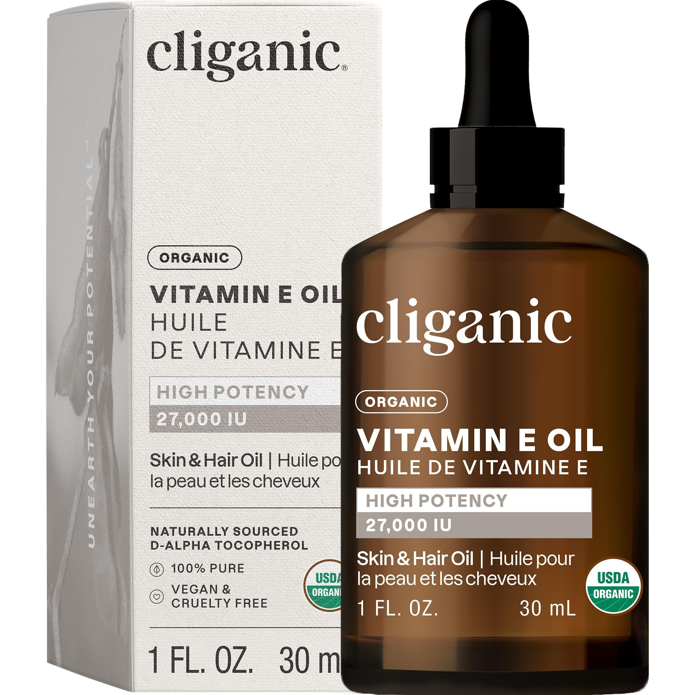 Cliganic Organic Pure Vitamin E Oil For Skin, Hair & Face - 27,000 Iu, Non-Gmo Verified | Natural D-Alpha Tocopherol (Packaging May Vary)