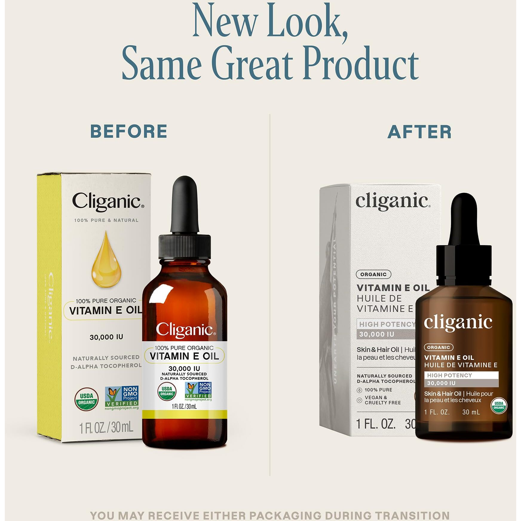 Cliganic Organic Pure Vitamin E Oil For Skin, Hair & Face - 27,000 Iu, Non-Gmo Verified | Natural D-Alpha Tocopherol (Packaging May Vary)