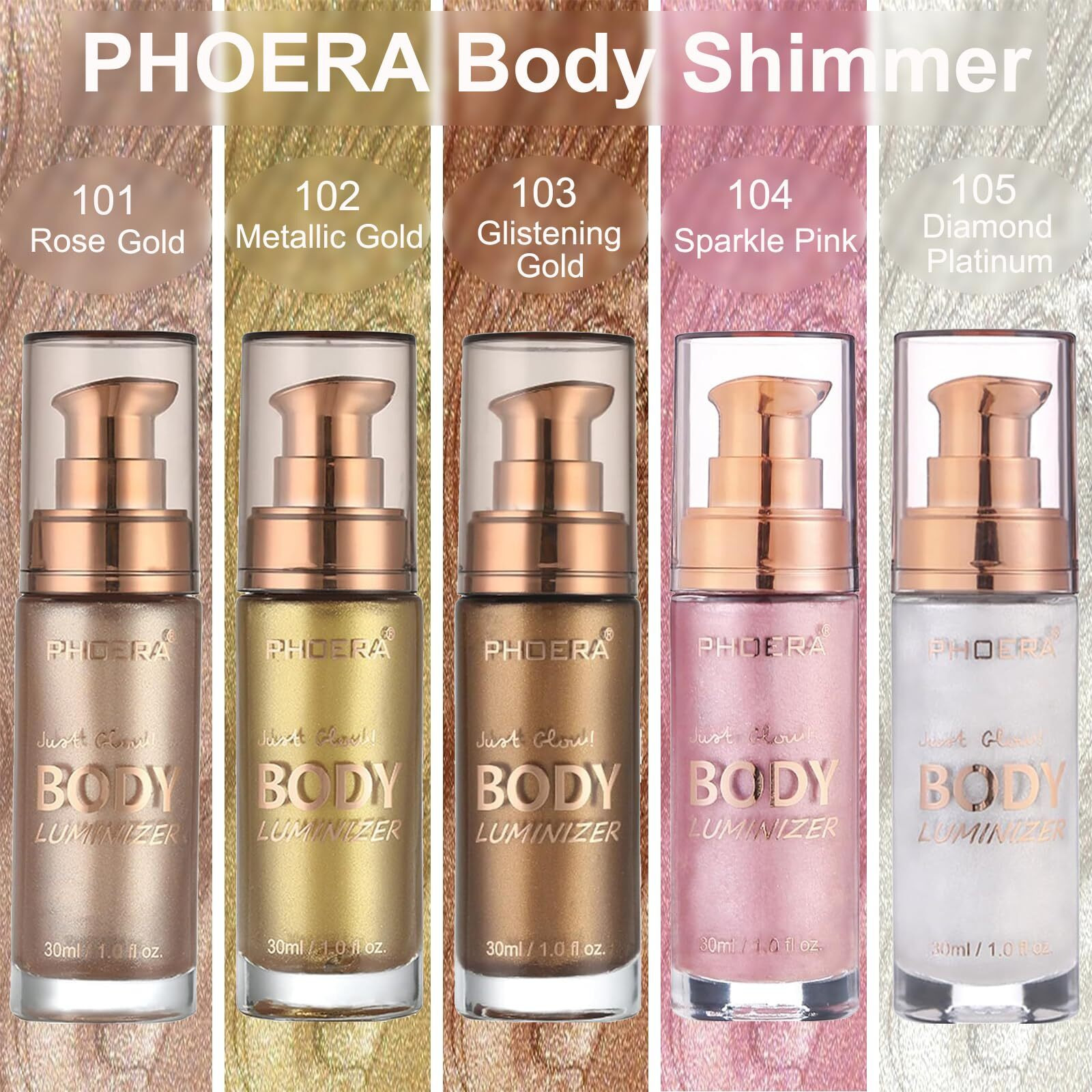 Phoera Body Shimmer Oil,Waterproof Long Lasting Moisturizing Body Luminizer Glow, Illuminator Highlighter For Face With Makup Bursh, 1Oz/Jars(2Pcs 103 Glistening Bronze)