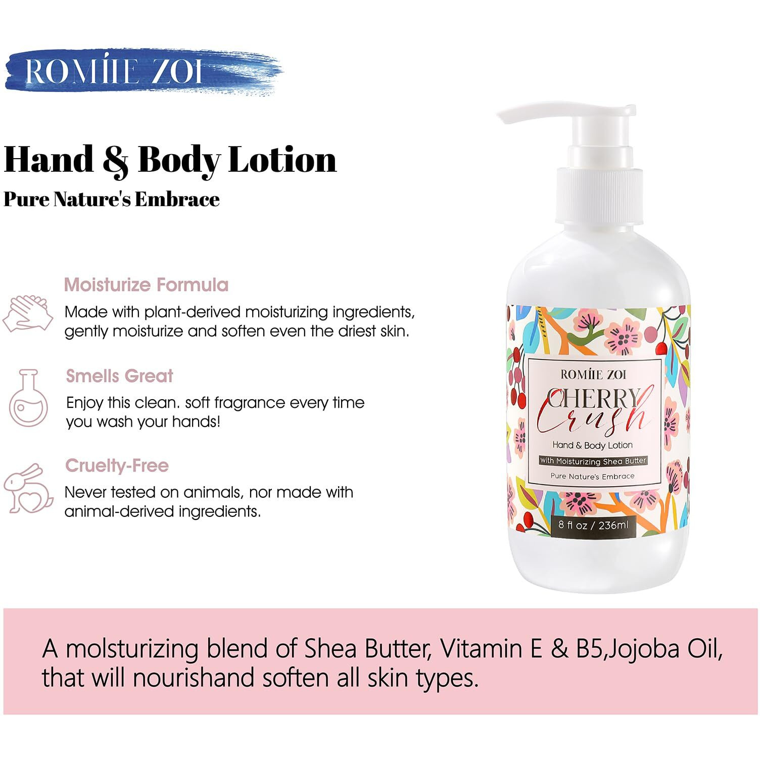 Romiie Zoi Daily Hand & Body Lotion With Moisturizing Shea Butter For All Skin Type- Cherry Crush - 236 Ml / 8 Fl Oz