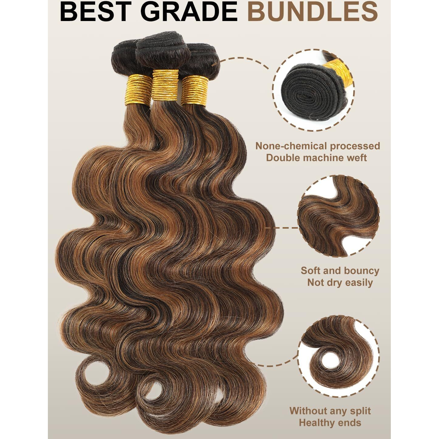 Anmetan F1B/30 Highlight Bundles Human Hair Body Wave 18/20/22 Inch, 12A Honey Blonde Highlights Thick Black With Brown Colored Wavy 3 Bundles 100% Unprocessed Brazilian Remy Hair Sew In Quick Weave
