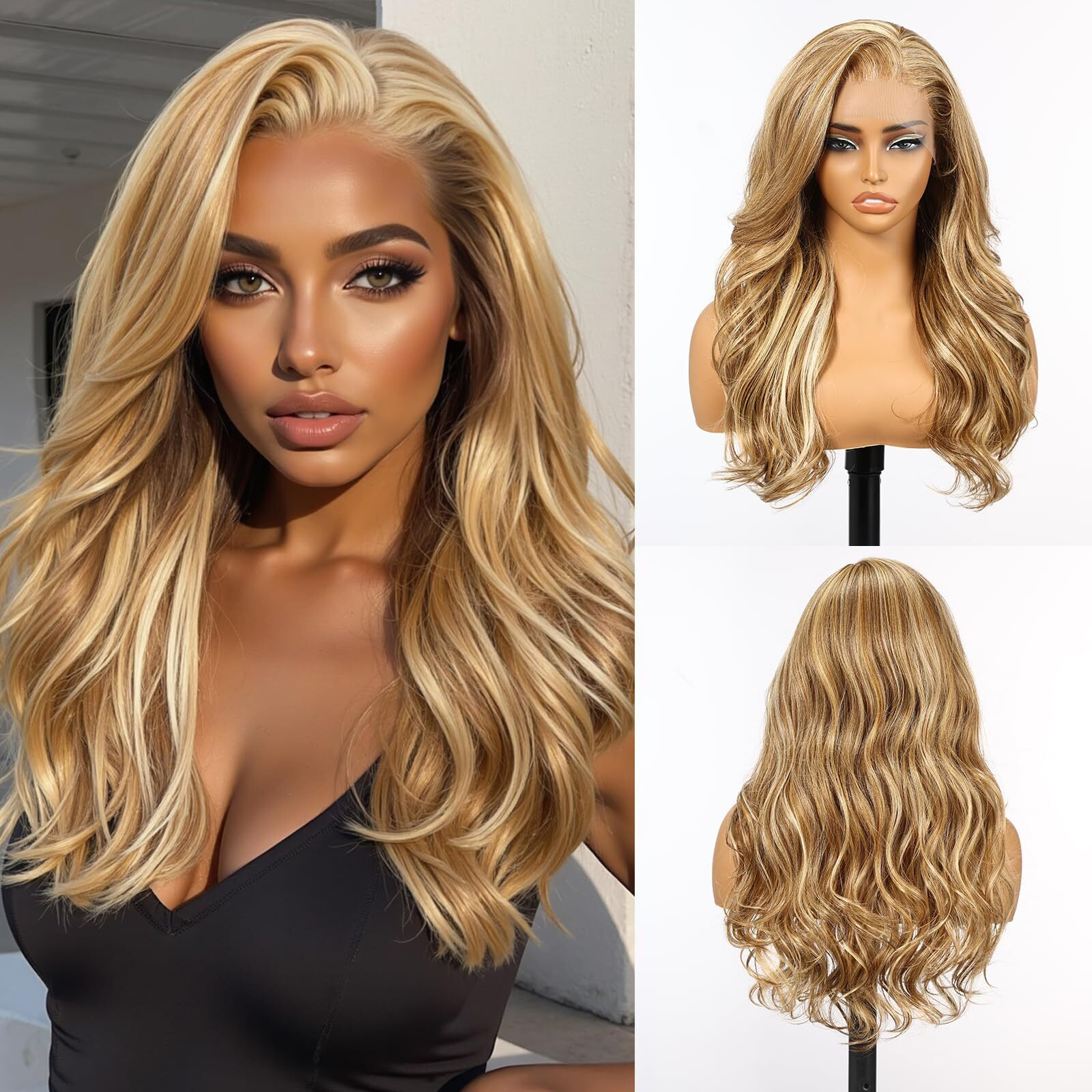 Allbell 13X6 Honey Blonde Lace Front Wig For Black Women,Glueless Synthetic Hd Lace Wigs,22Inch Body Wave Hair Replacement