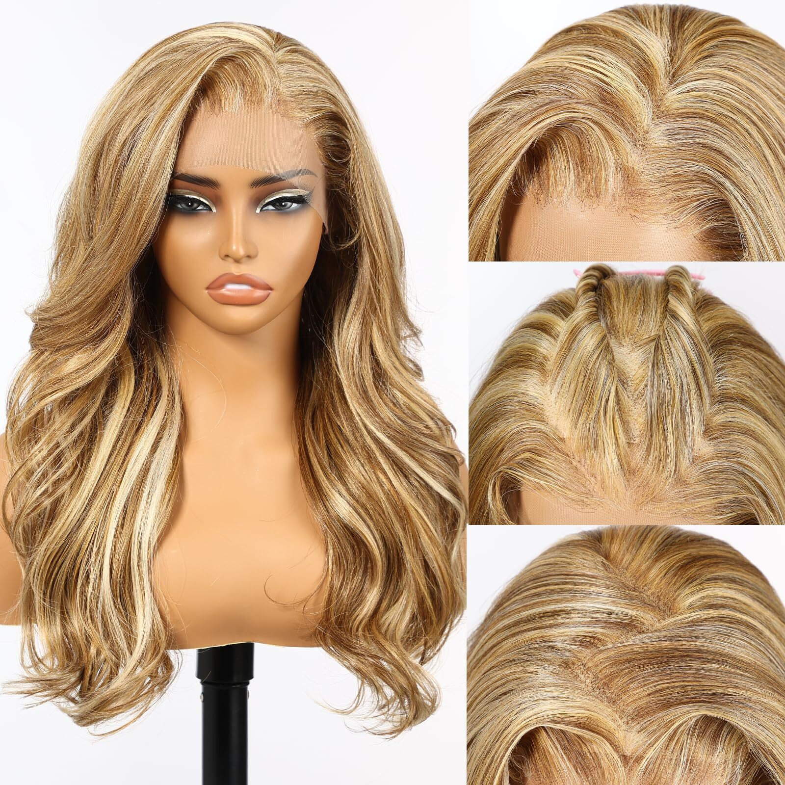 Allbell 13X6 Honey Blonde Lace Front Wig For Black Women,Glueless Synthetic Hd Lace Wigs,22Inch Body Wave Hair Replacement
